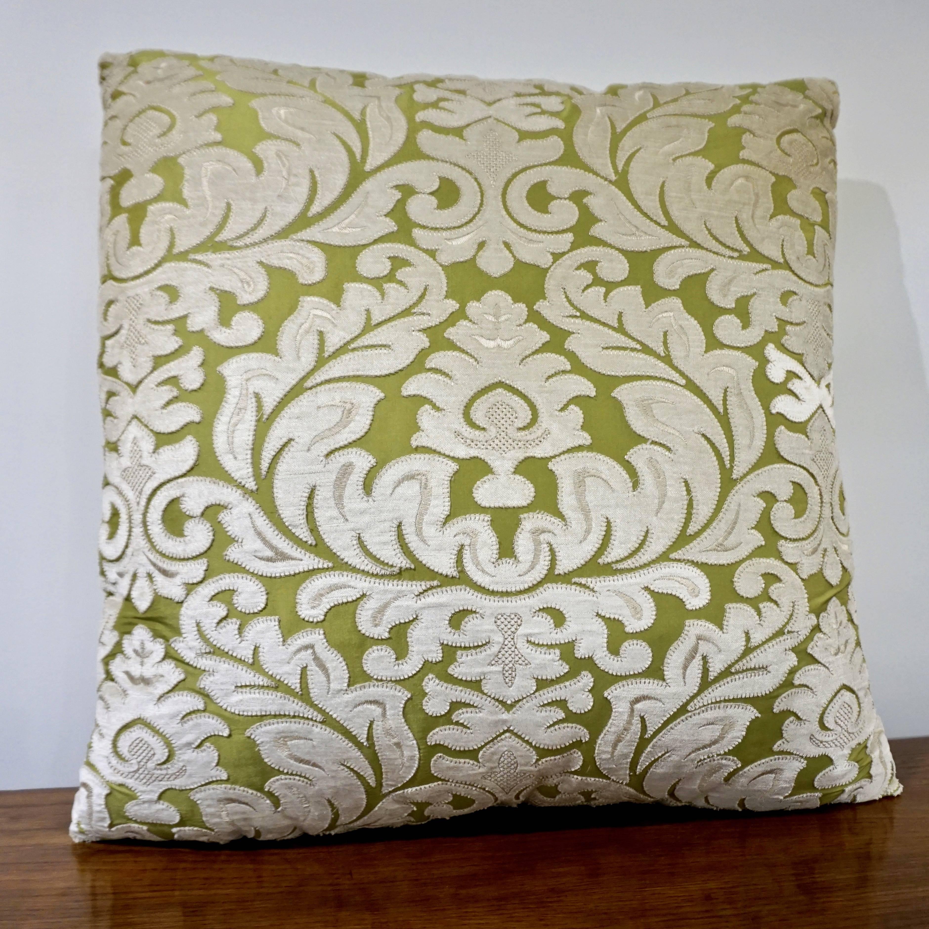 Contemporary French Green and Ivory White Damask Velvet Throw Pillows 2