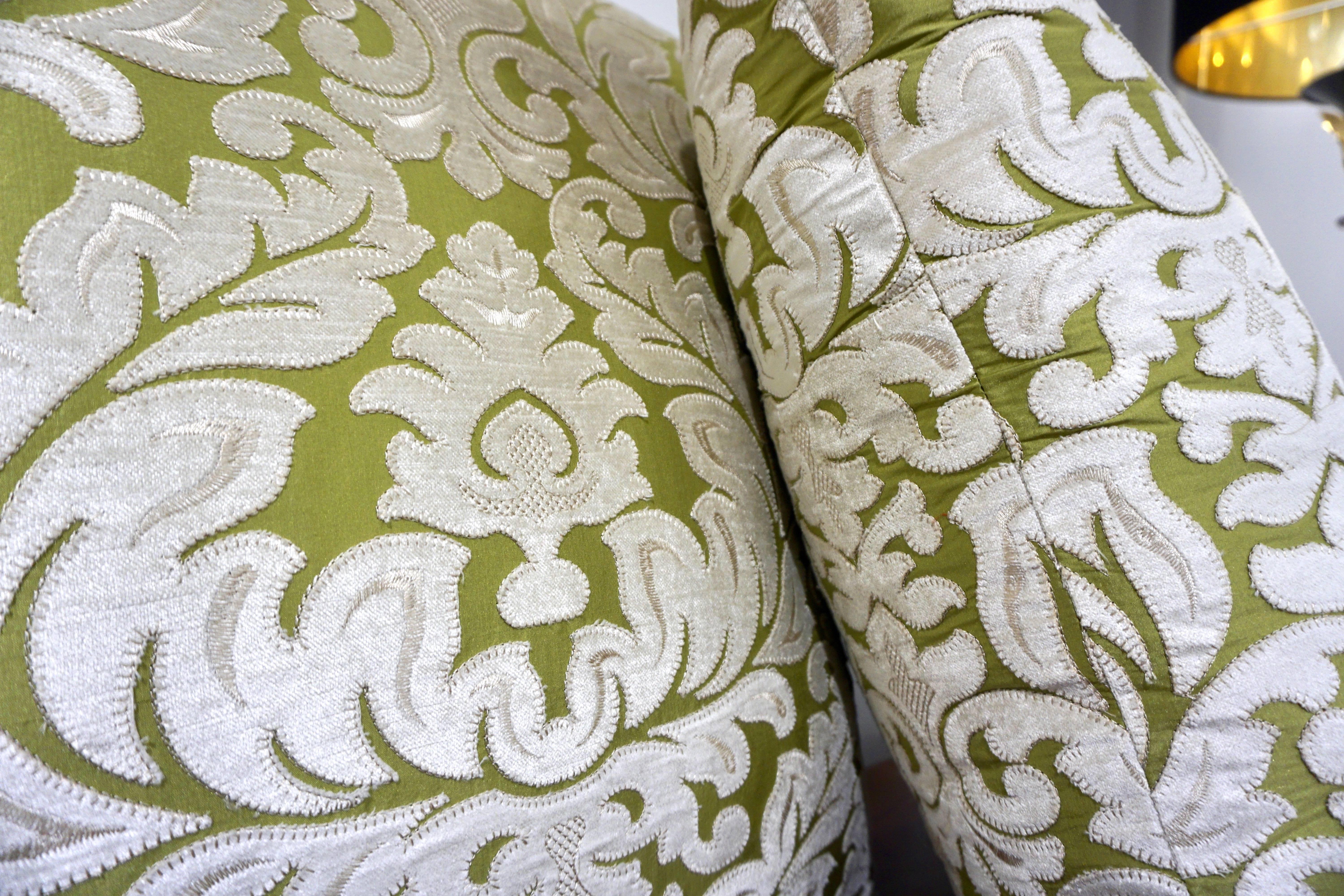 Contemporary French Green and Ivory White Damask Velvet Throw Pillows 4