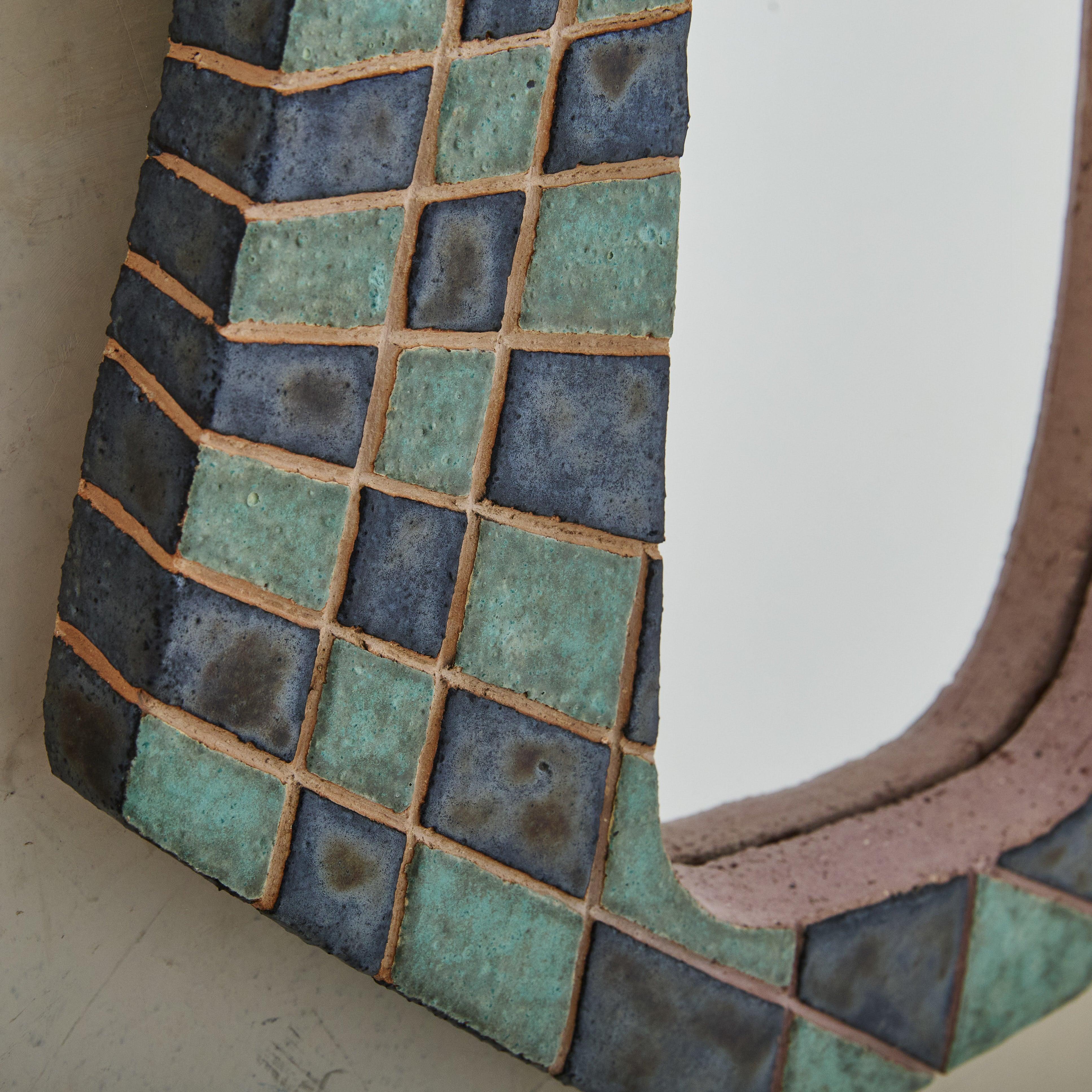 Modern Contemporary French Ink Blue + Turquoise Ceramic Mirror with Horns by Nathalie For Sale