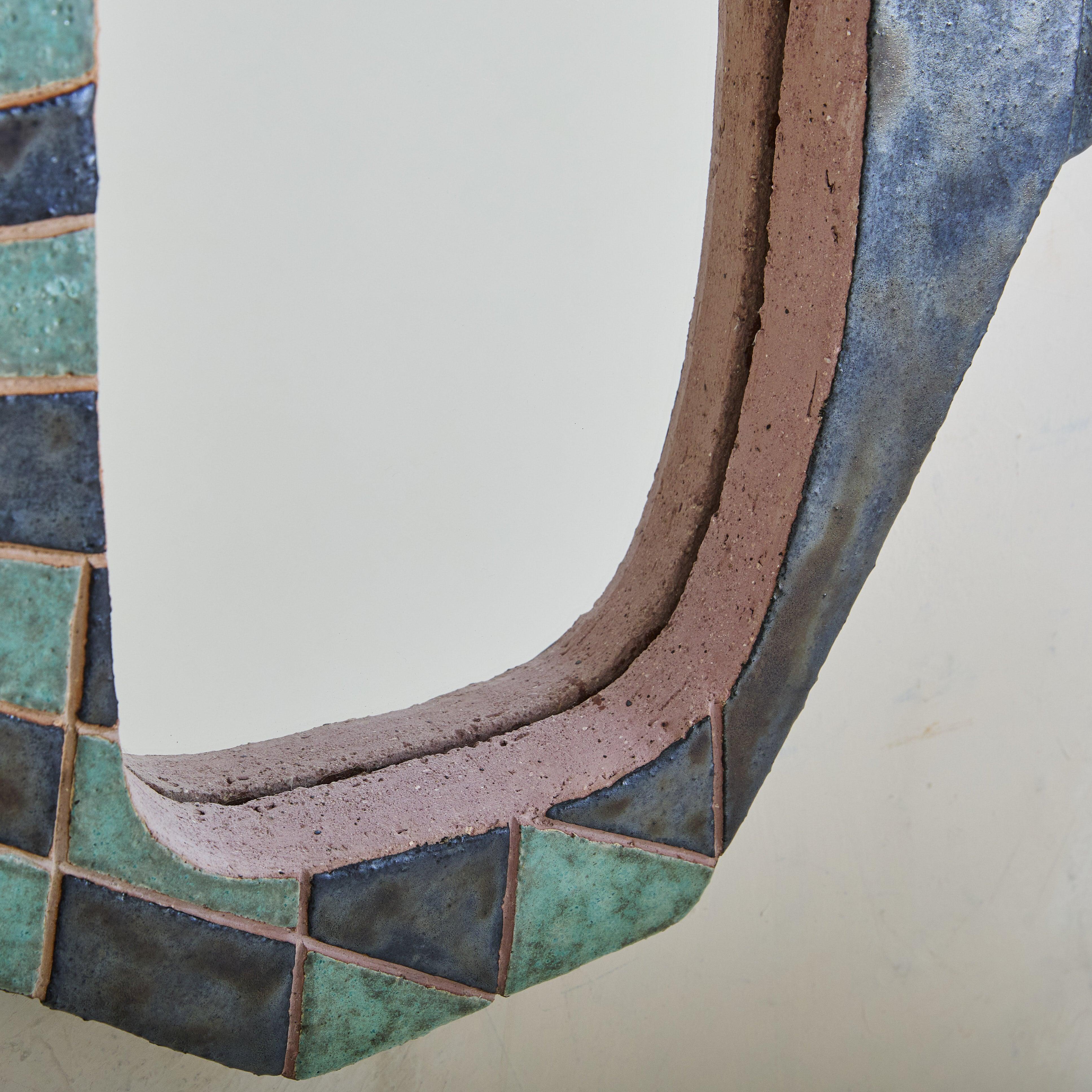Contemporary French Ink Blue + Turquoise Ceramic Mirror with Horns by Nathalie In Excellent Condition For Sale In Chicago, IL