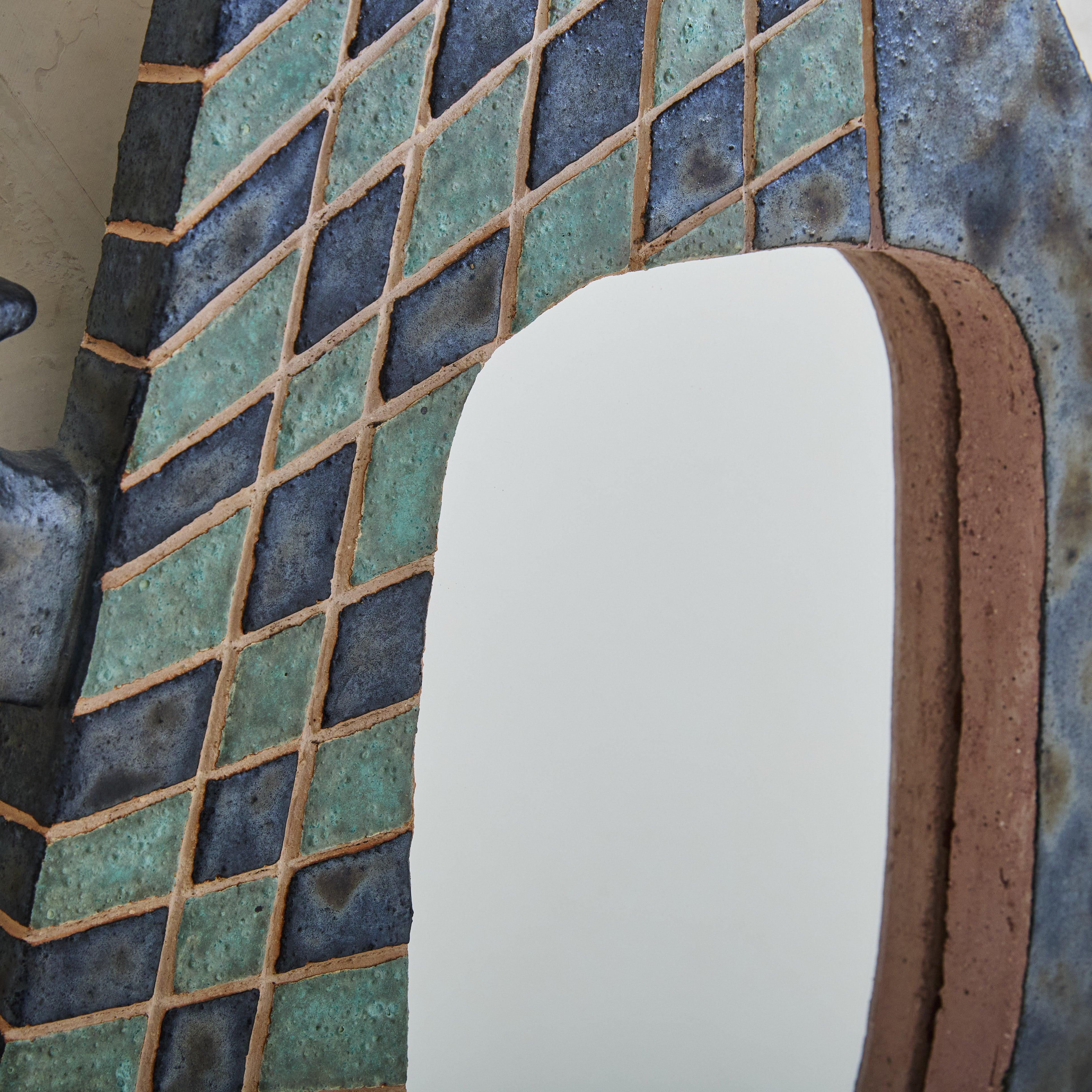 Contemporary French Ink Blue + Turquoise Ceramic Mirror with Horns by Nathalie For Sale 2