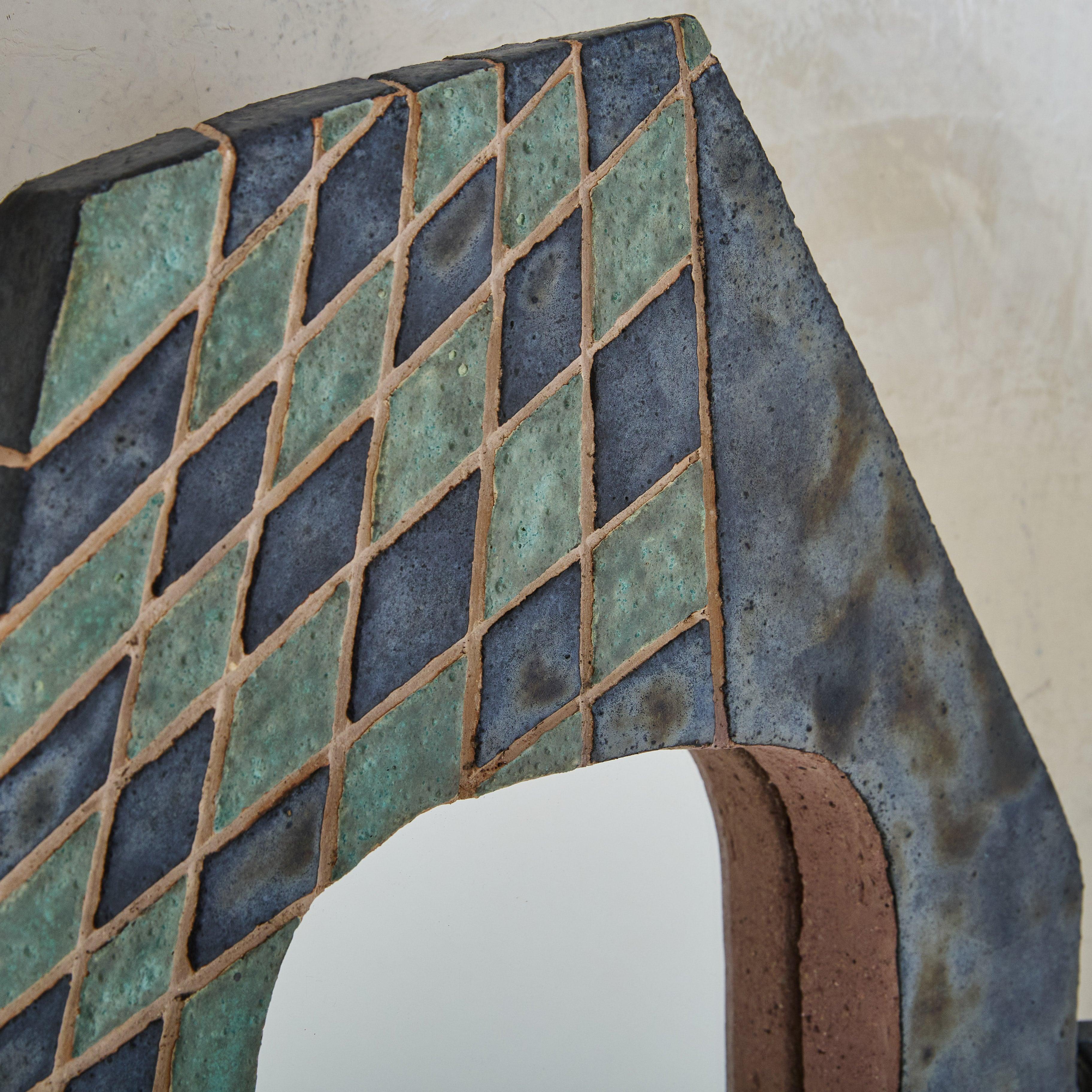 Contemporary French Ink Blue + Turquoise Ceramic Mirror with Horns by Nathalie For Sale 3