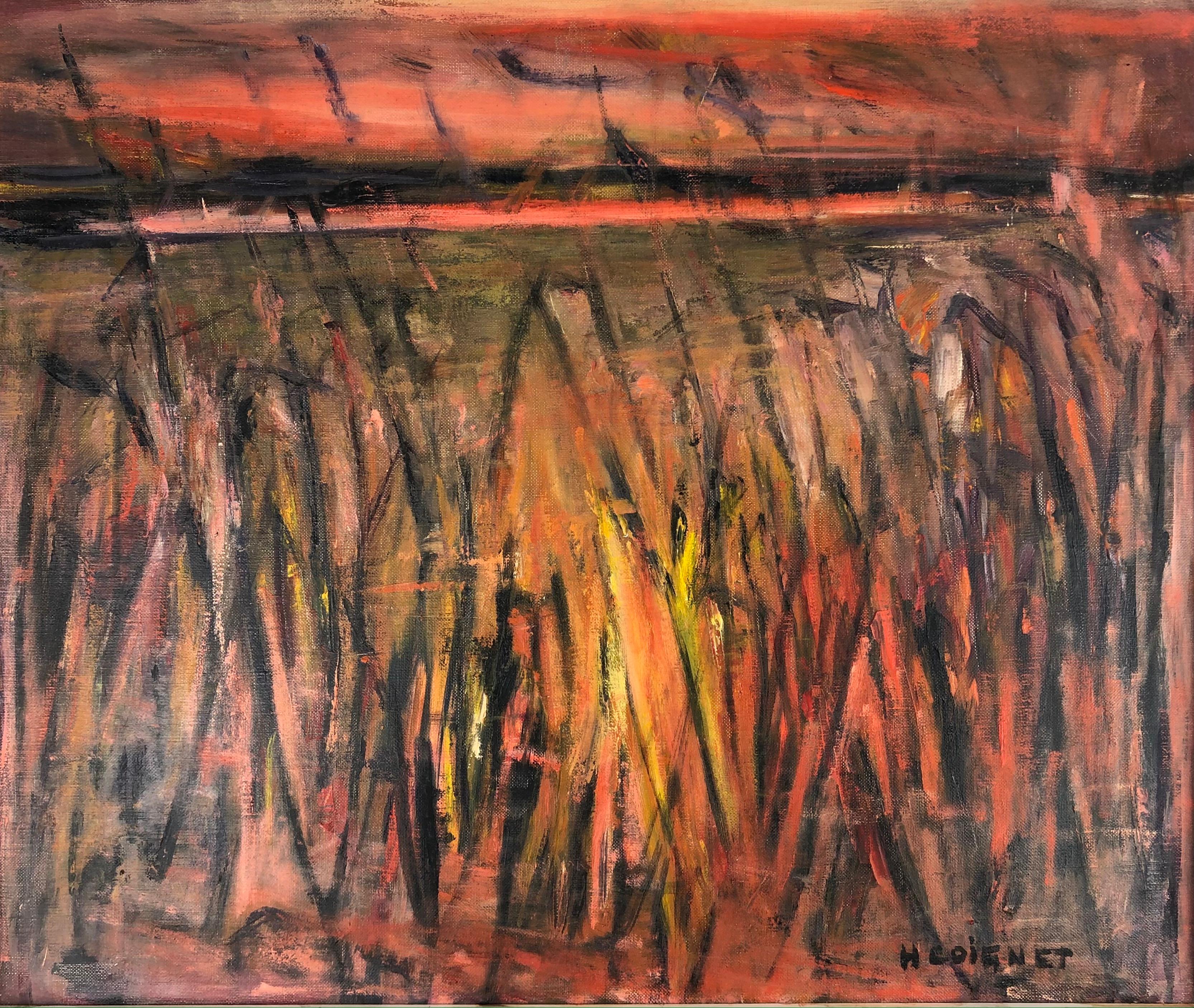Beautiful original painting on canvas depicting the landscape of the Camargue region near Arles, France. The area feature is near the salt beds of Salin de Giraud where one can view the migration of pink flamingoes and white horses, numerous plant