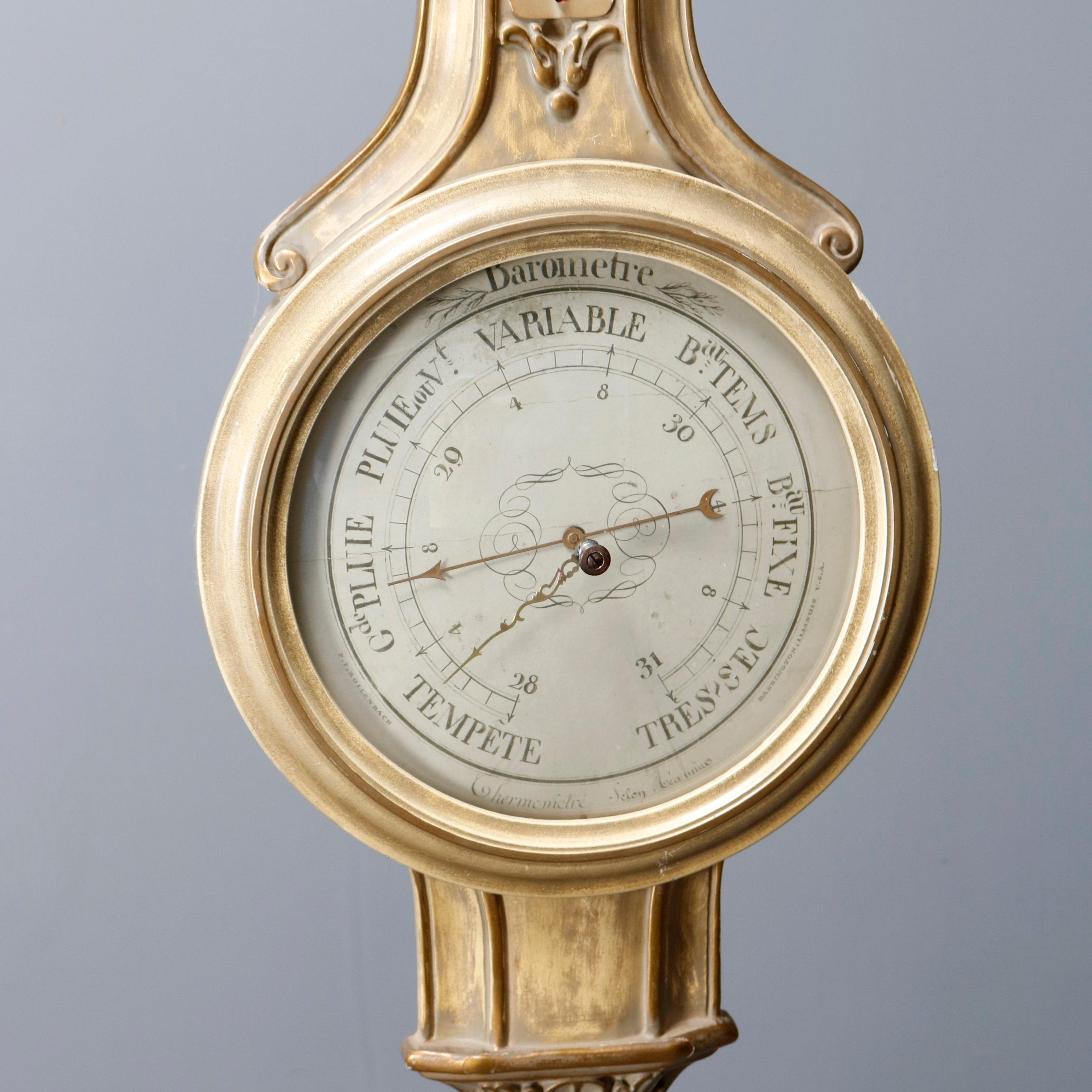 A contemporary American wall mount thermometer/barometer by P.F. Bollenbach offers giltwood case in French neoclassical styling with urn form crest and carved acanthus drop finial, 20th century.

Measures: 40