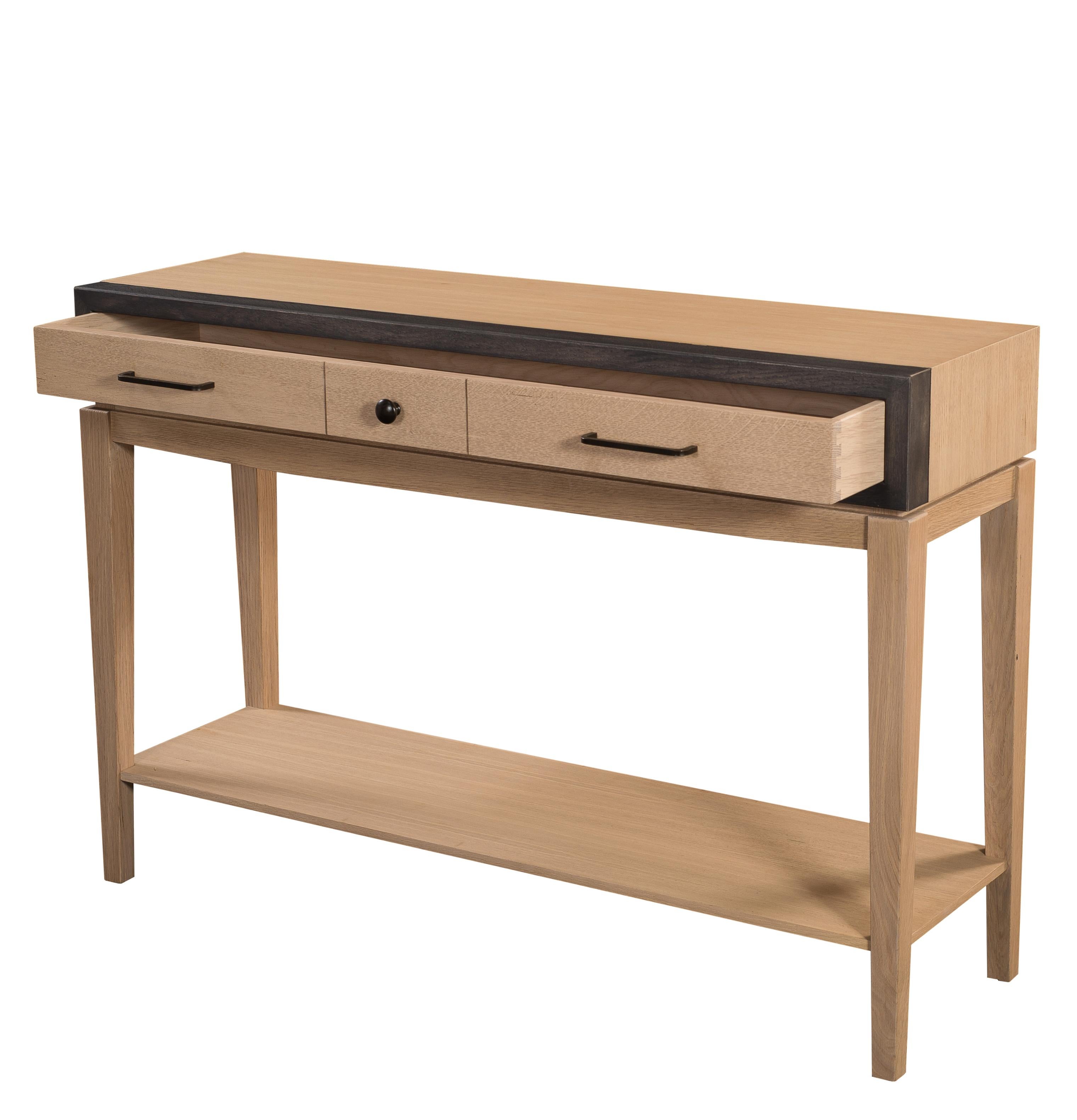 Modern Contemporary French Oak Console, One Drawer Disguised as Three and One Shelf For Sale