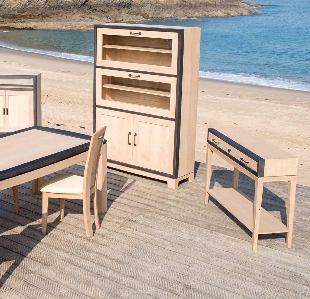 Hand-Crafted Contemporary French Oak Console, One Drawer Disguised as Three and One Shelf For Sale