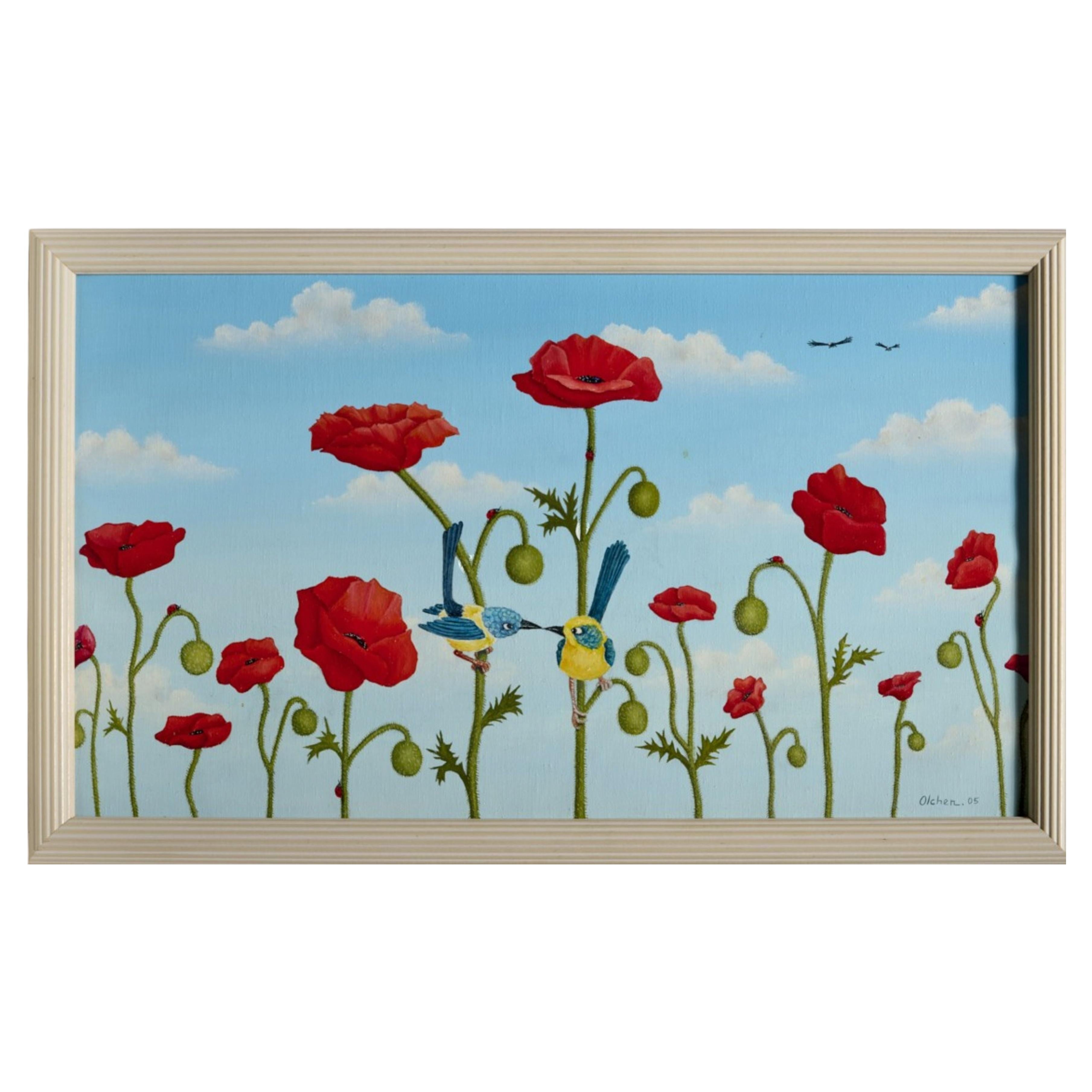 Contemporary French Oil Painting of Birds and Poppies by Ismail Olchen, 2005