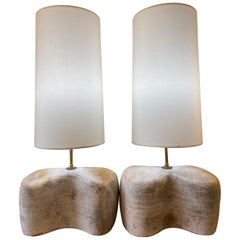 Contemporary French Pair of La Borne Pottery Lamps with White Lampshades