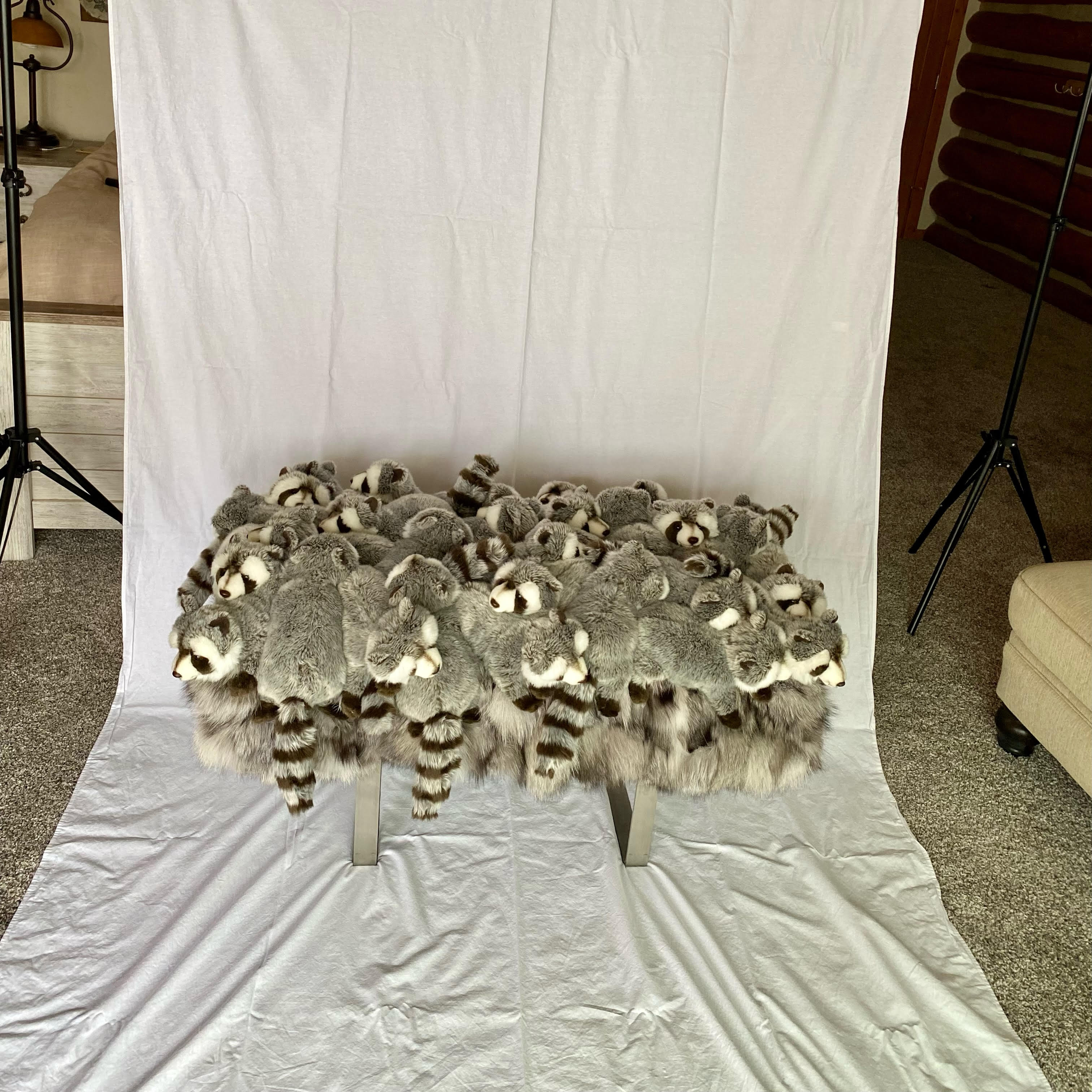 Contemporary French raccoon plus bench featuring numerous raccoon stuffed animals to compose the seating. Grey faux fur adorns the bottom half of the bench and is completed with metal legs. This bench is a unique piece to compliment a contemporary