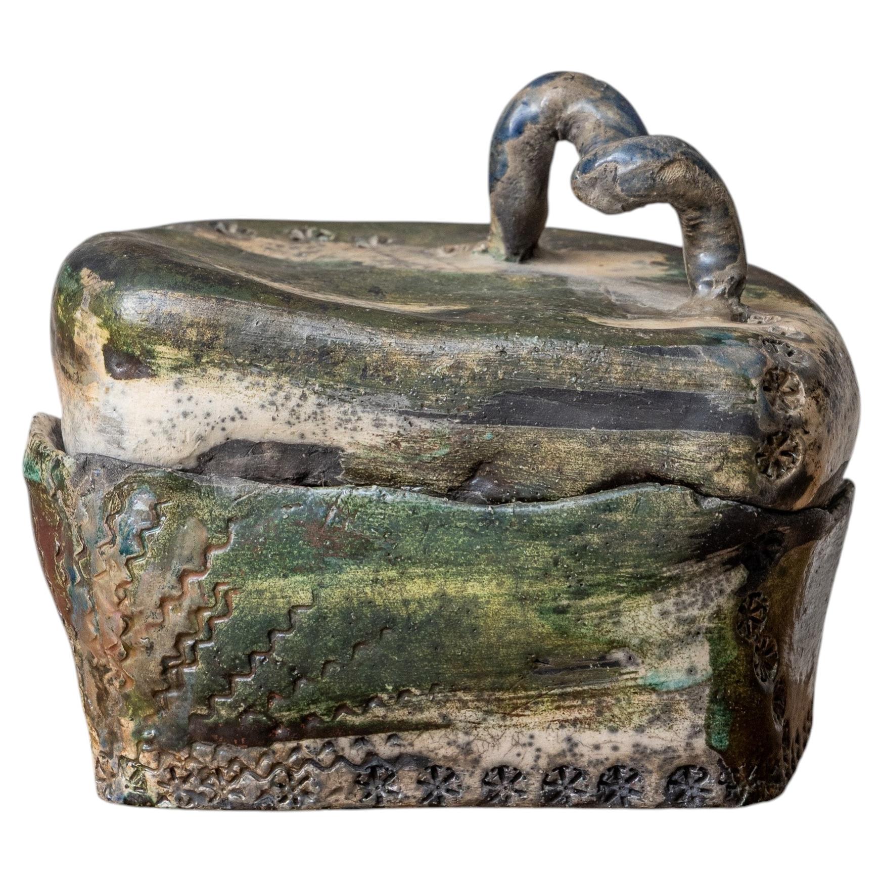 Contemporary French Raku Stoneware Sculptural Lidded Box, Wabi-Sabi Style