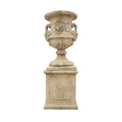 Contemporary French Reconstituted Stone Urn with Base