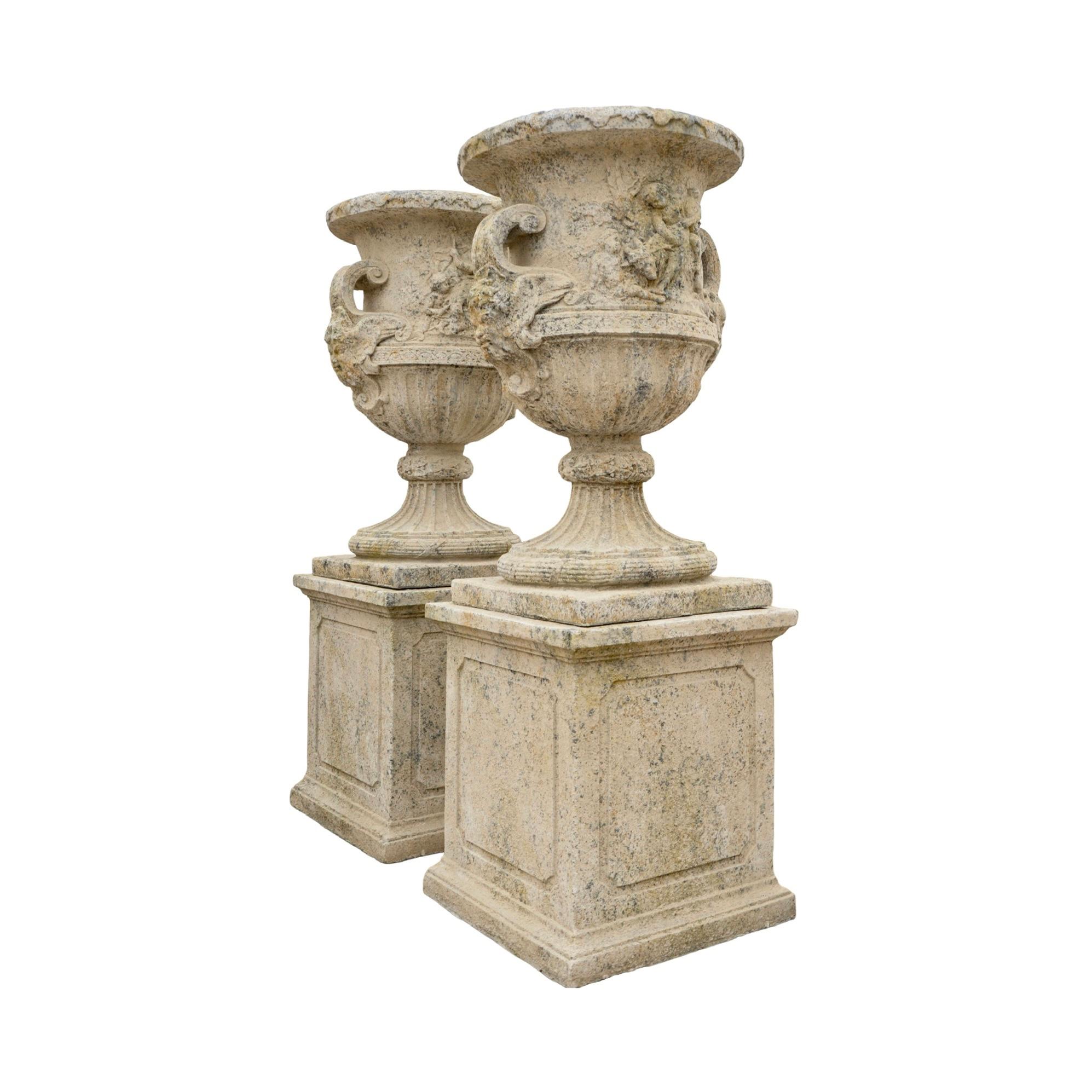 Contemporary French Reconstituted Stone Urn with Base In New Condition For Sale In Dallas, TX