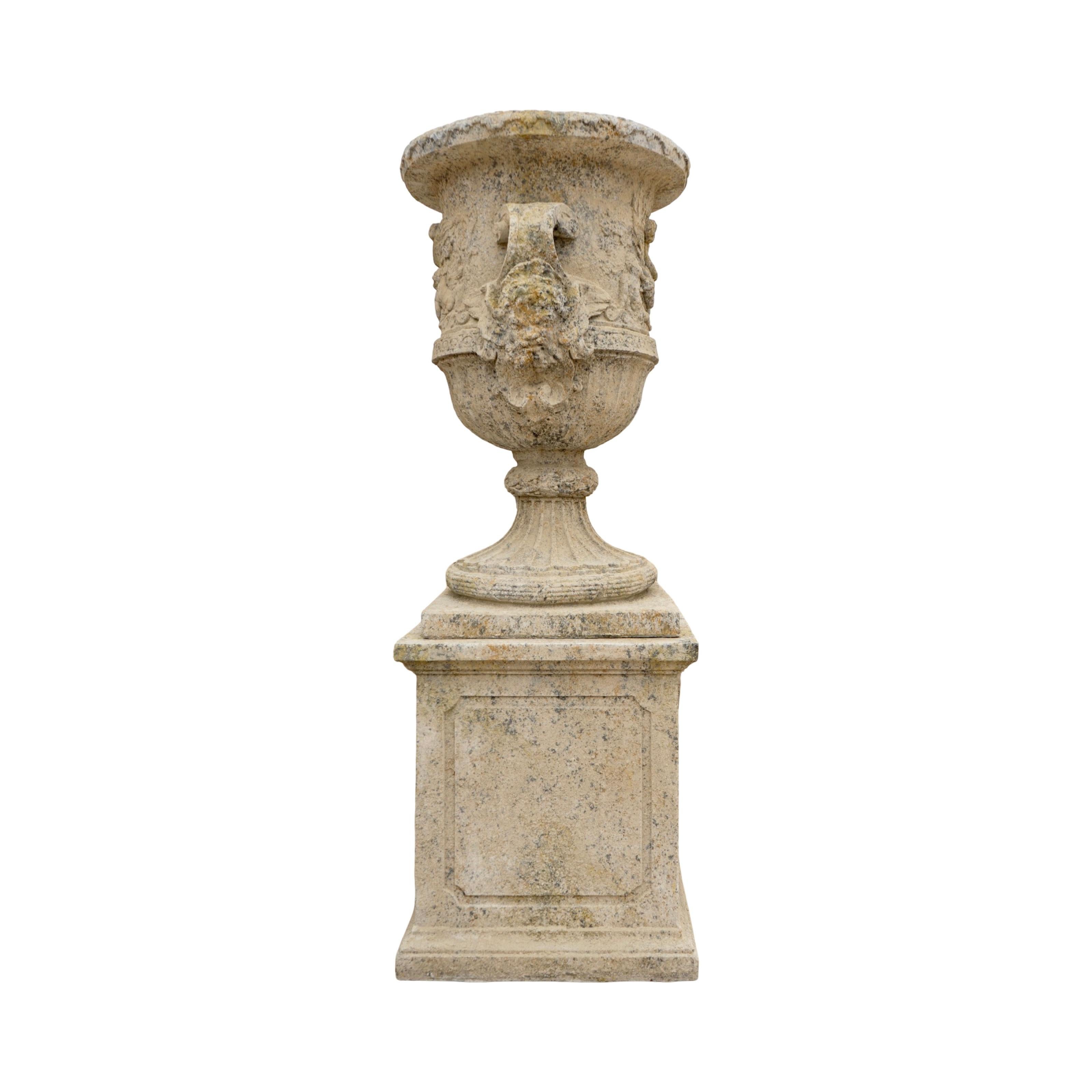 Contemporary French Reconstituted Stone Urn with Base For Sale 1