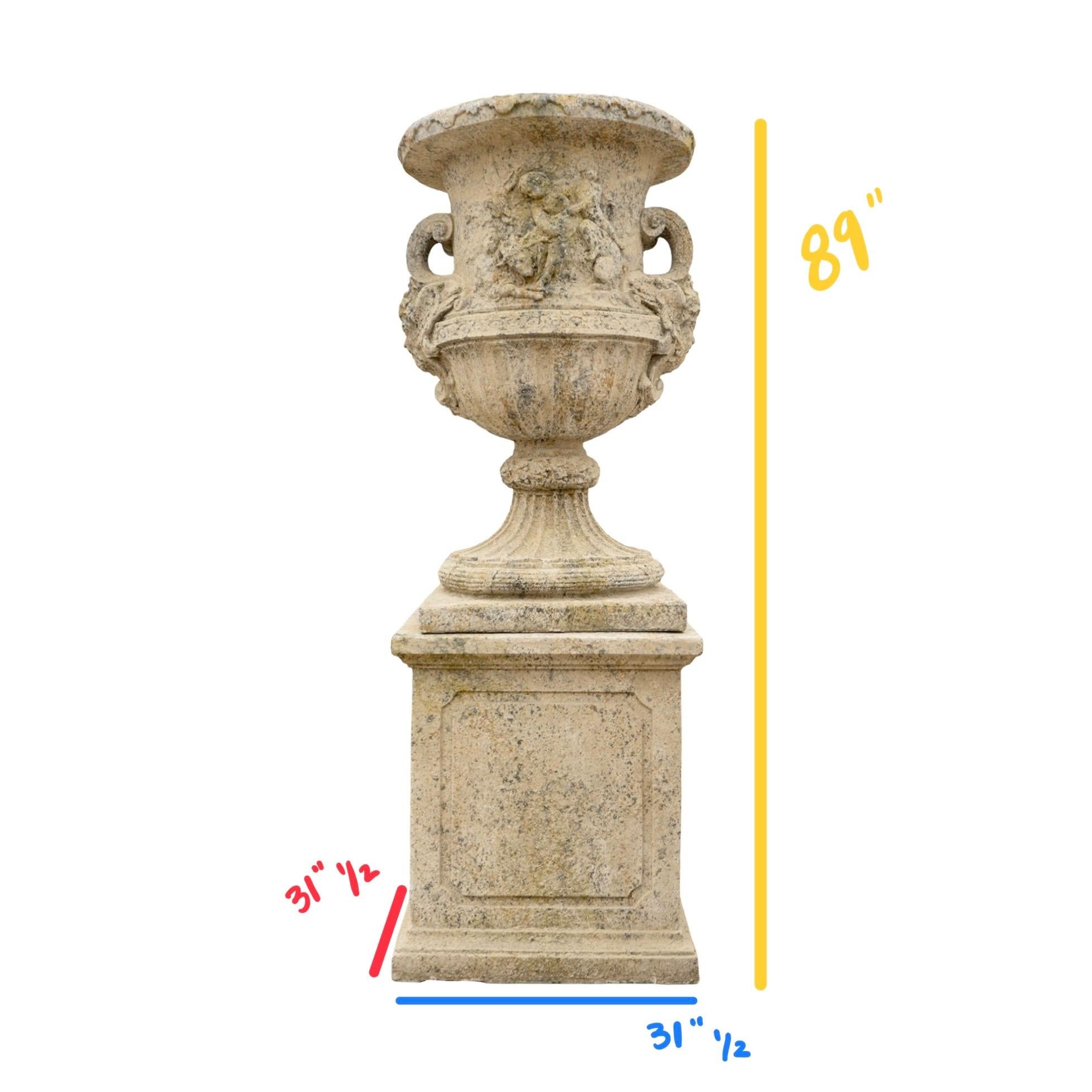 Contemporary French Reconstituted Stone Urn with Base For Sale 6