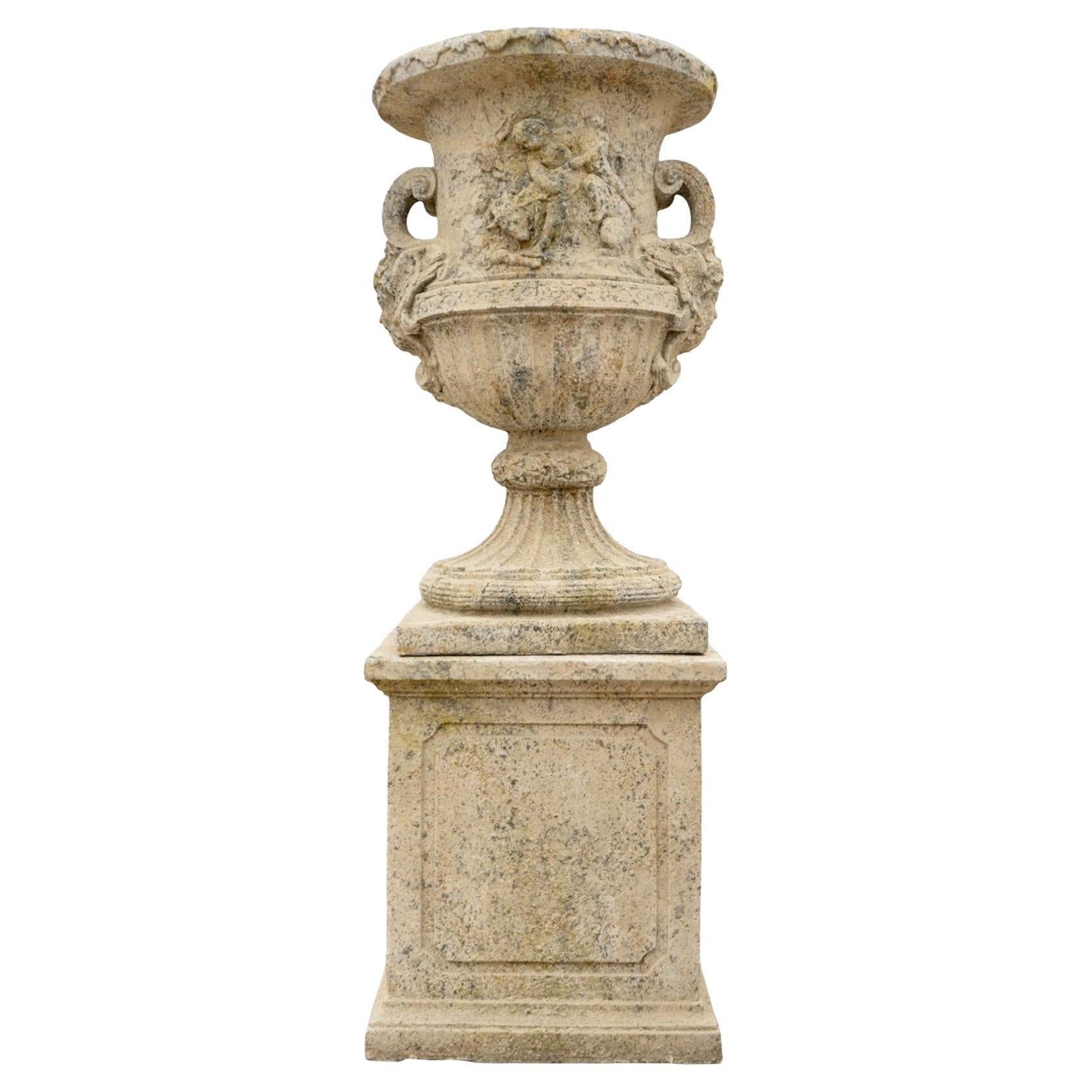 Contemporary French Reconstituted Stone Urn with Base For Sale