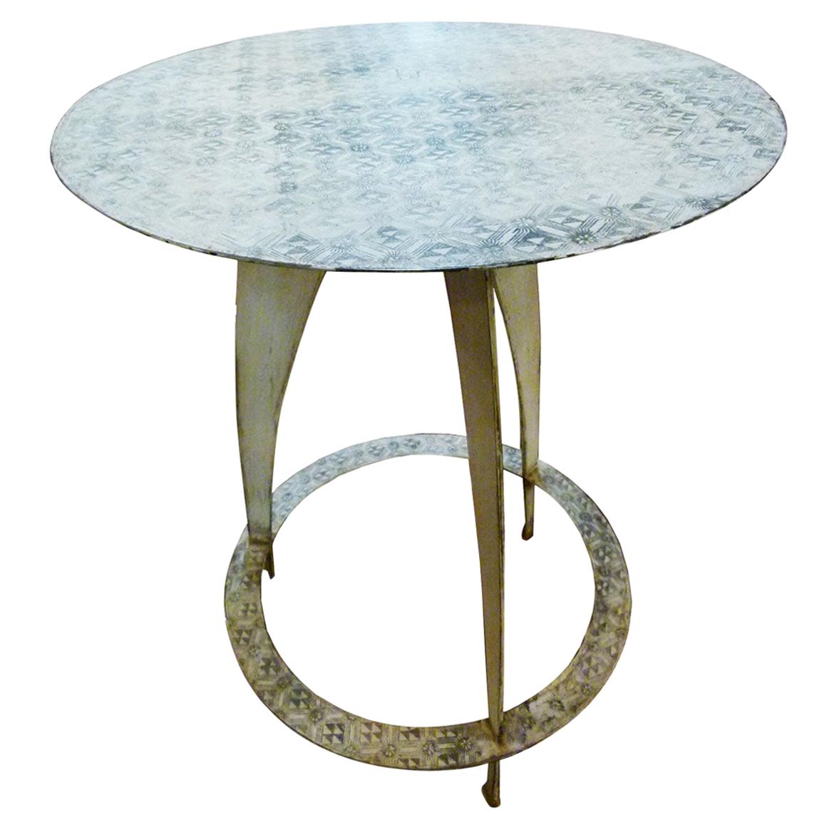 Contemporary French Round Iron Side Table, Painted with a Blue White Pattern