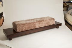 Contemporary French Solid Walnut Bench with Beige/ Taupe Curly Shearling