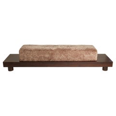 Contemporary French Solid Walnut Bench with Beige/ Taupe Curly Shearling