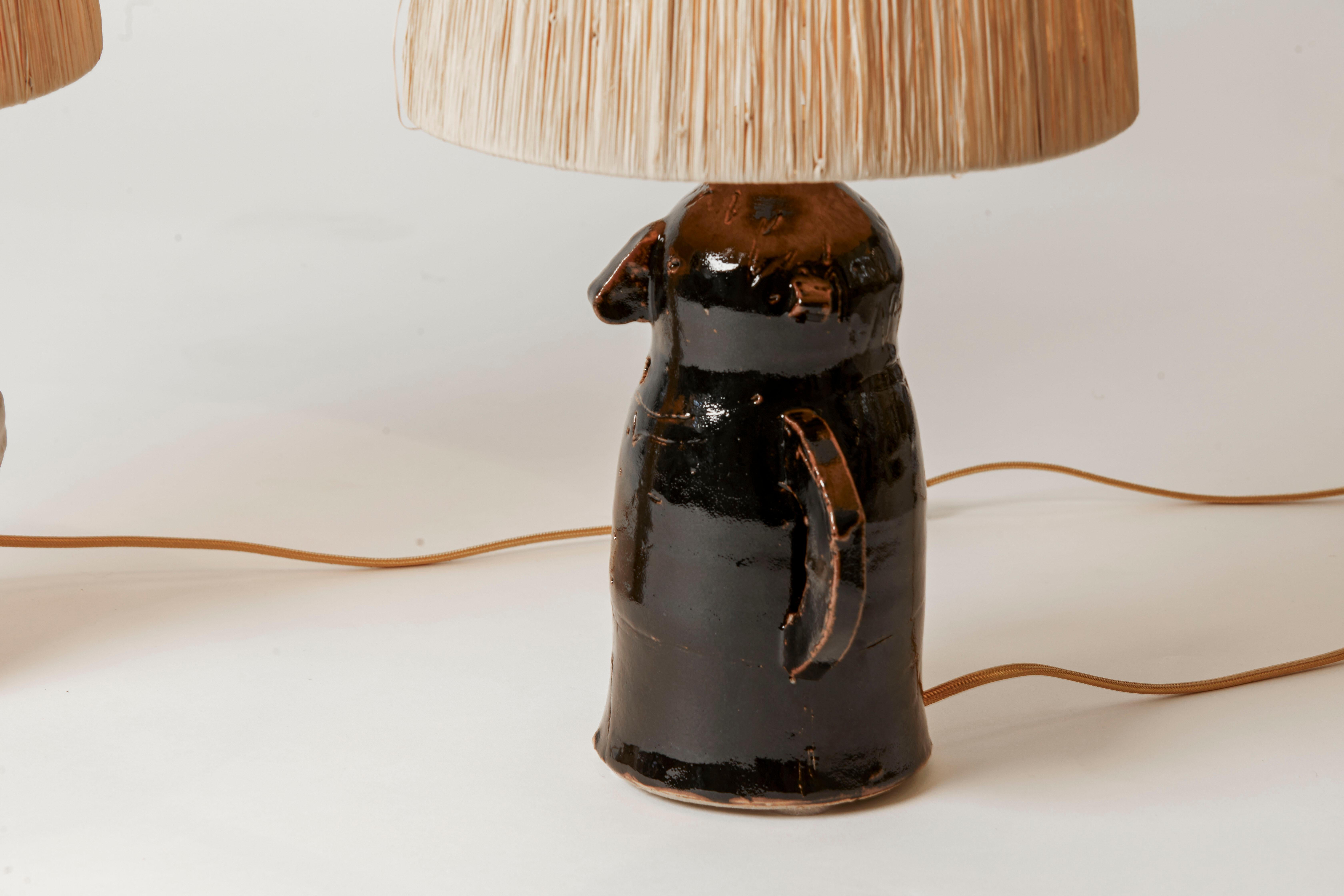 Contemporary French Unique Pair of Whimsical Pottery Lamps & Custom Shades For Sale 1