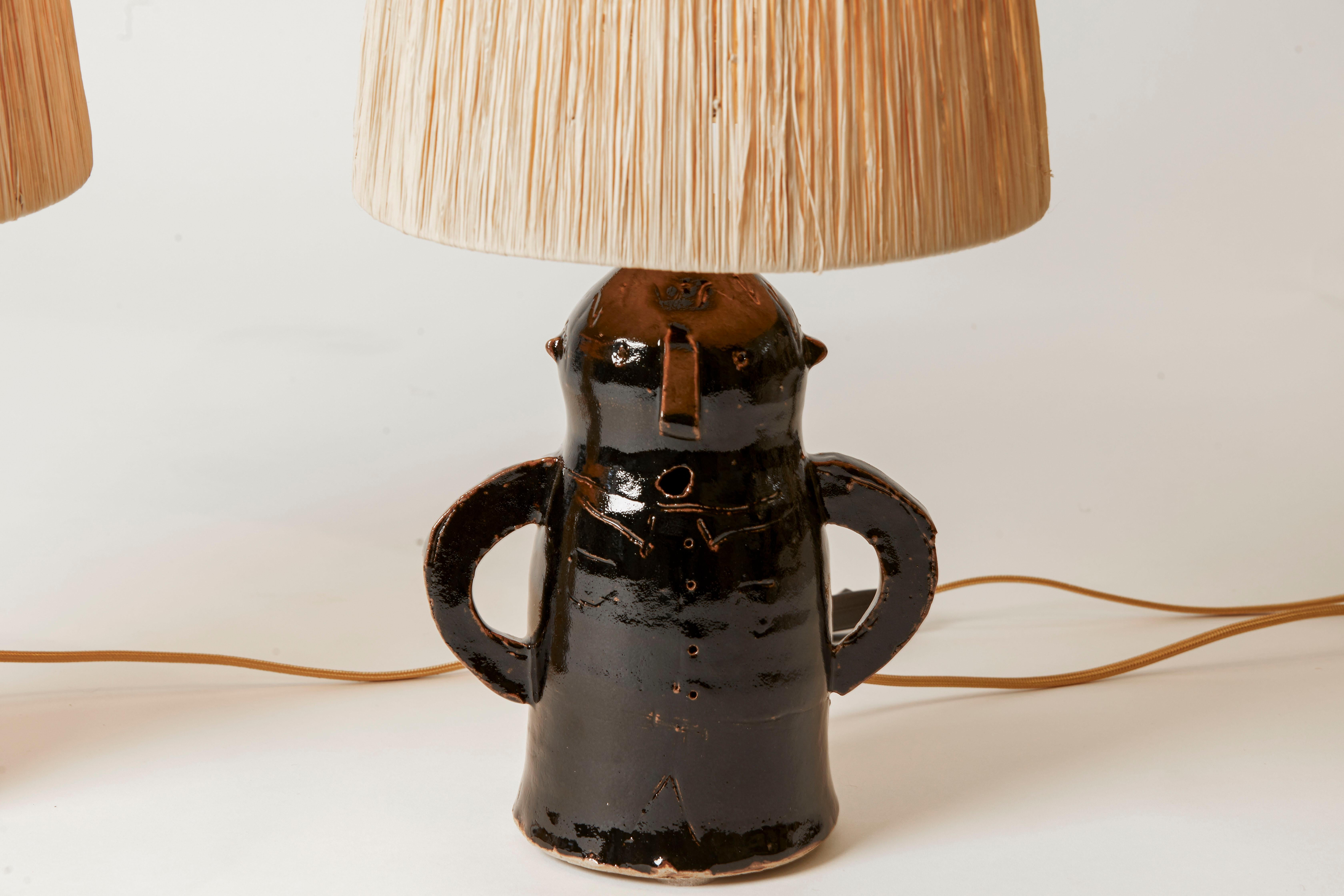 Contemporary French Unique Pair of Whimsical Pottery Lamps & Custom Shades For Sale 2