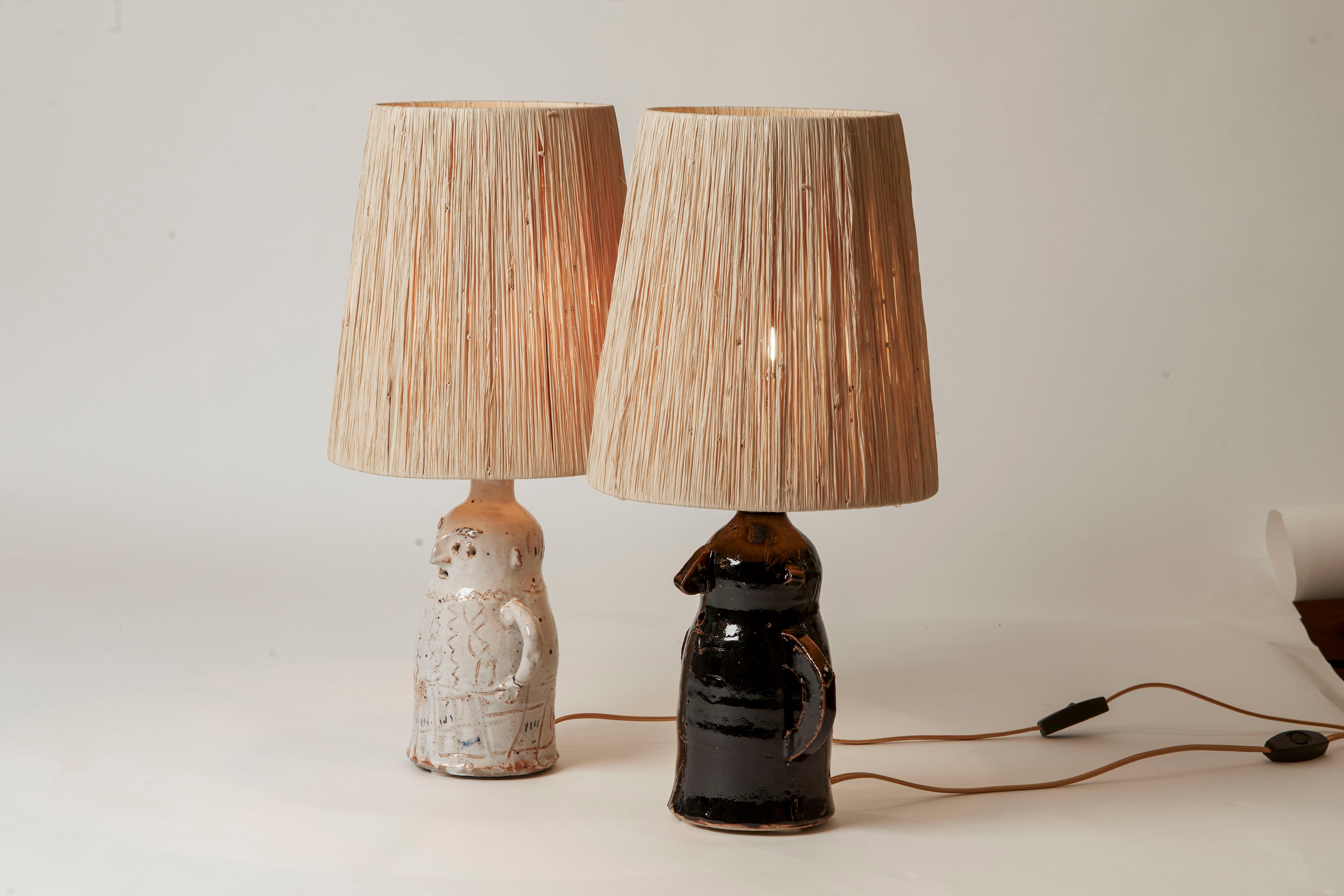 Contemporary French Unique Pair of Whimsical Pottery Lamps & Custom Shades For Sale 3