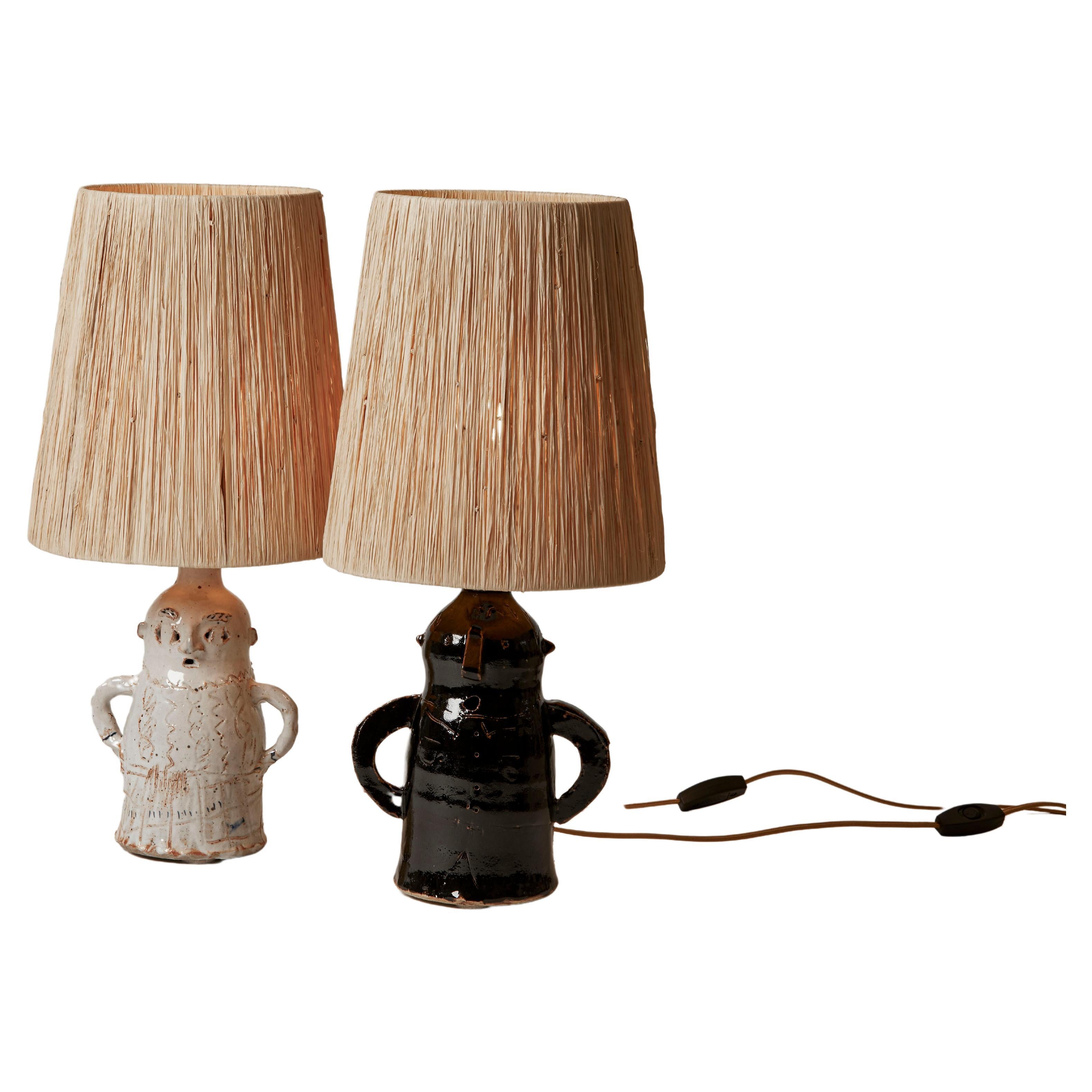Contemporary French Unique Pair of Whimsical Pottery Lamps & Custom Shades For Sale