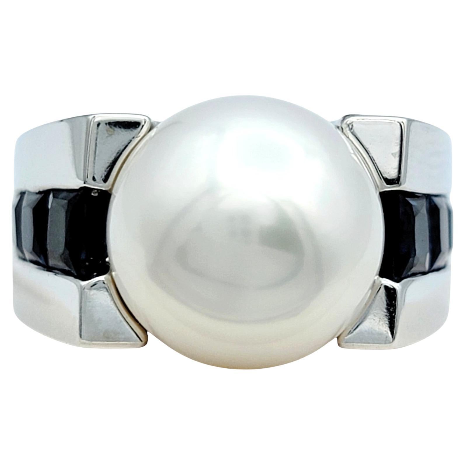 Contemporary Fresh Water Pearl and Blue Sapphire Cocktail Ring in 14 Karat Gold