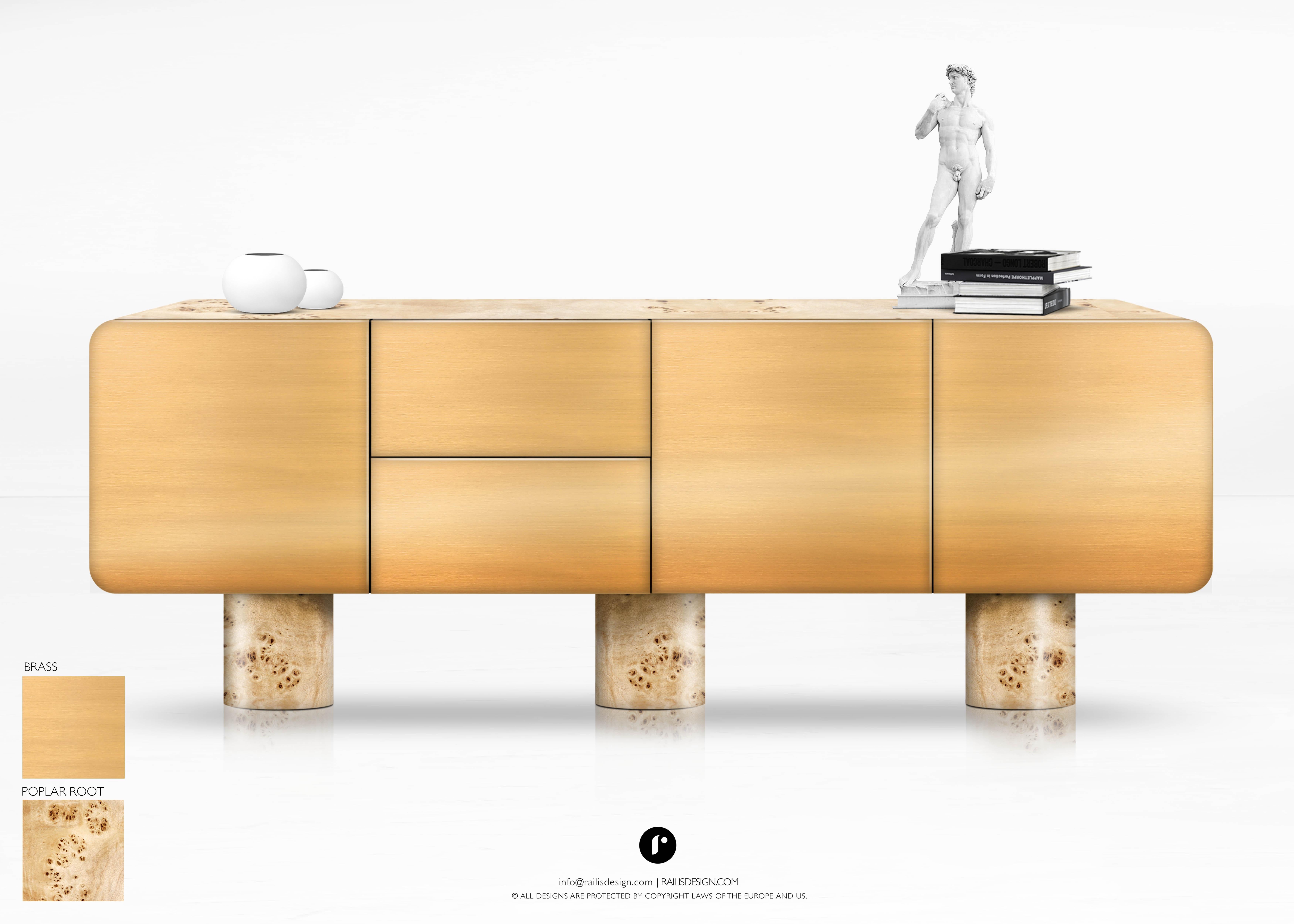 The brushed brass and poplar root Sideboard Freya. Combining style along with an excellent storage solution.

Part of our Freya collection. 

This design features poplar root veneer with contrasting brushed brass finish details.The sideboard has