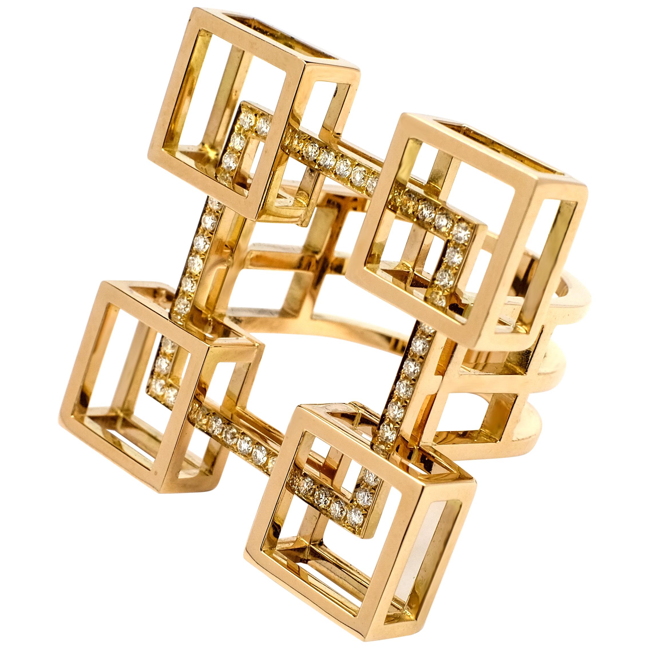Contemporary Frohmann Architectural 18 Carat Beige Gold and Diamond Aéré Ring For Sale