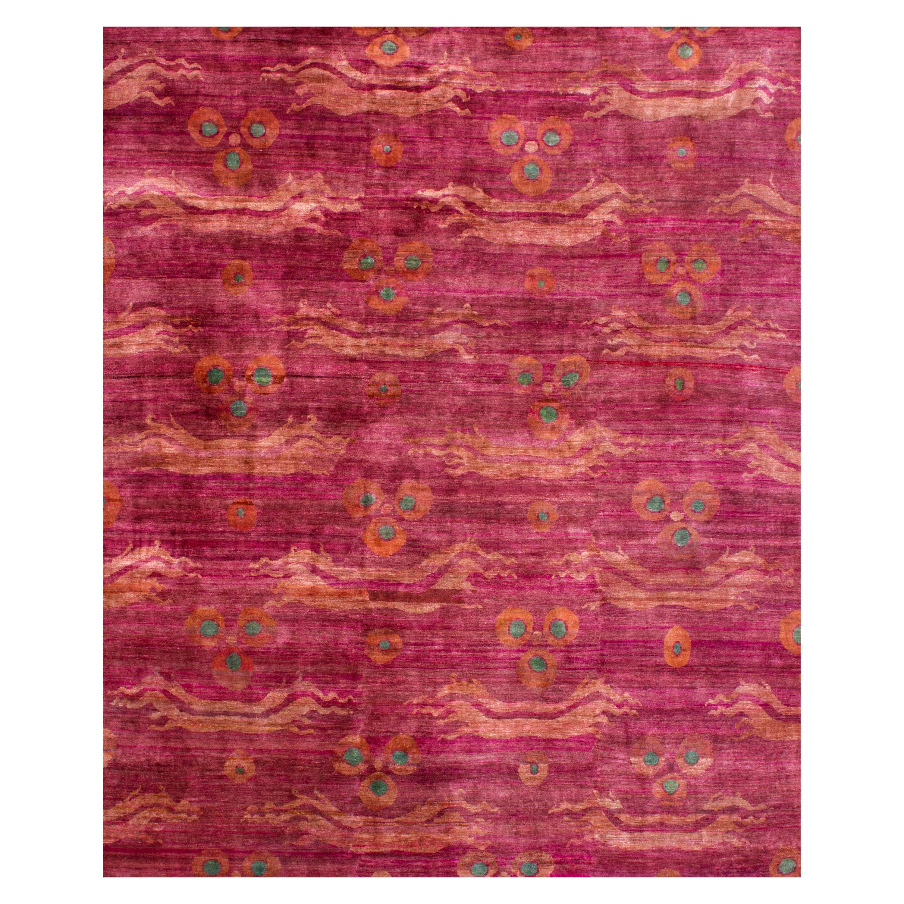 Contemporary Fuchsia Pink Chinese Dragon Design Hand-knotted Natural Silk Rug