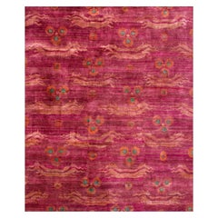 Tapis contemporain en soie naturelle rose fuchsia à motif de dragon chinois noué à la main