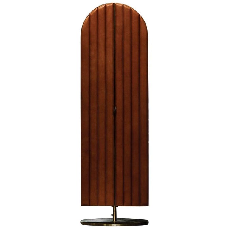 Portal Contemporary Full Length Floor Mirror in Polished Brass and Leather For Sale