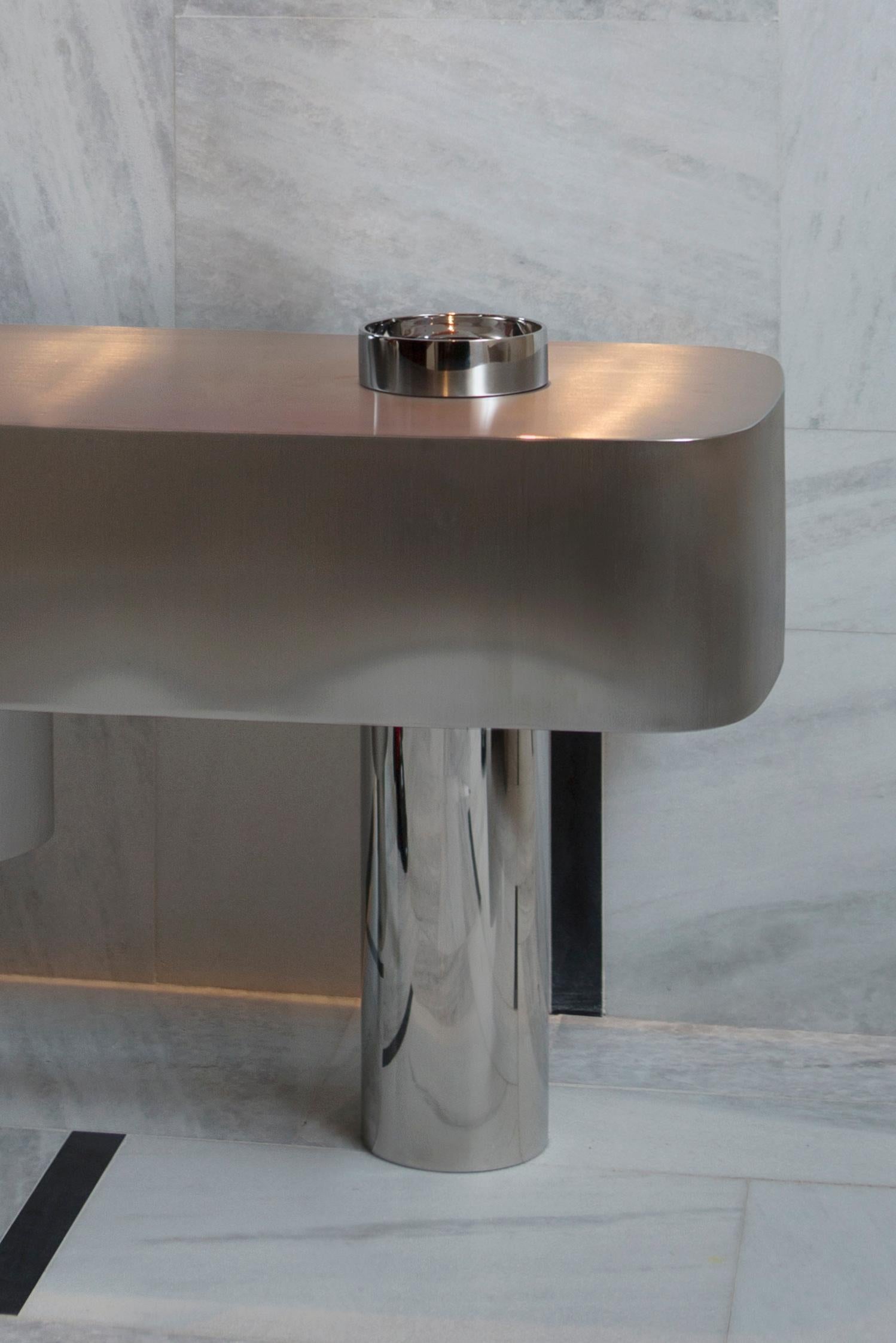 Brushed Contemporary Futuristic Console Table in Stainless Steel For Sale