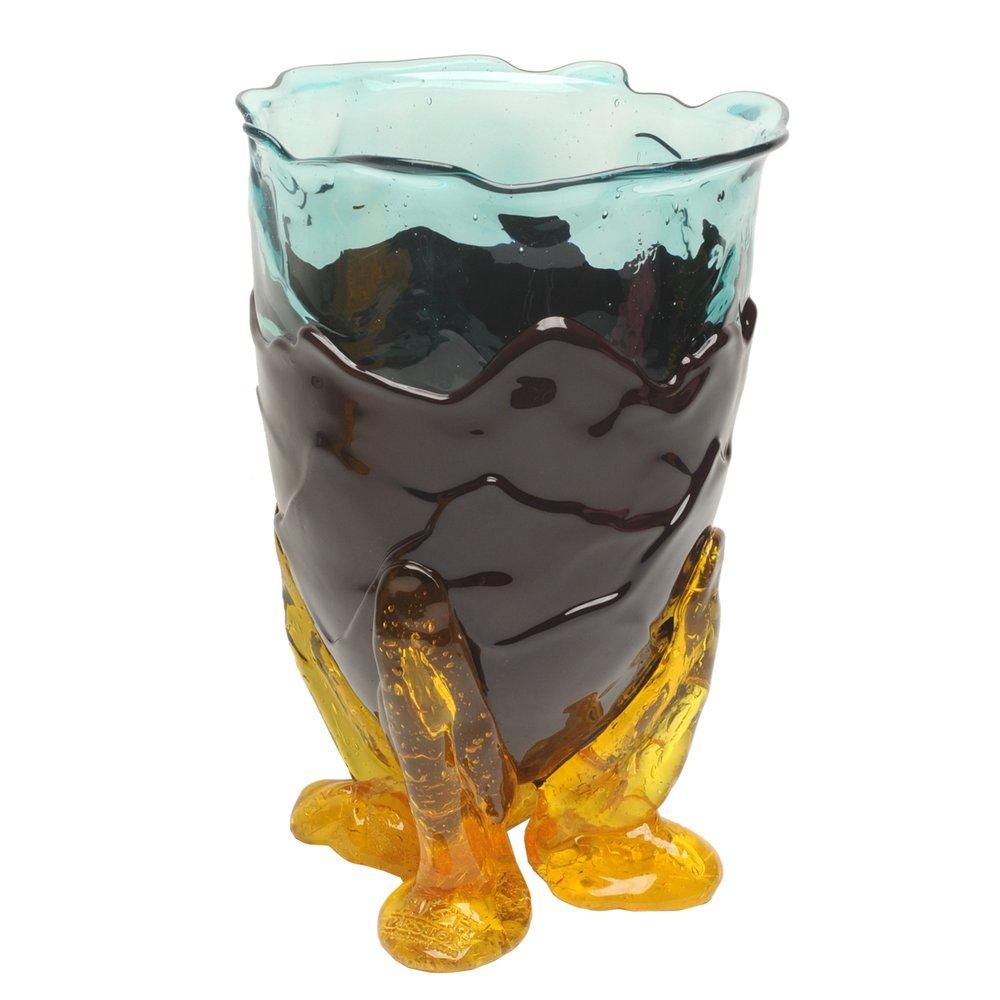 Arts and Crafts Contemporary Gaetano Pesce Clear L Vase Resin Aqua, Aubergine and Yellow For Sale