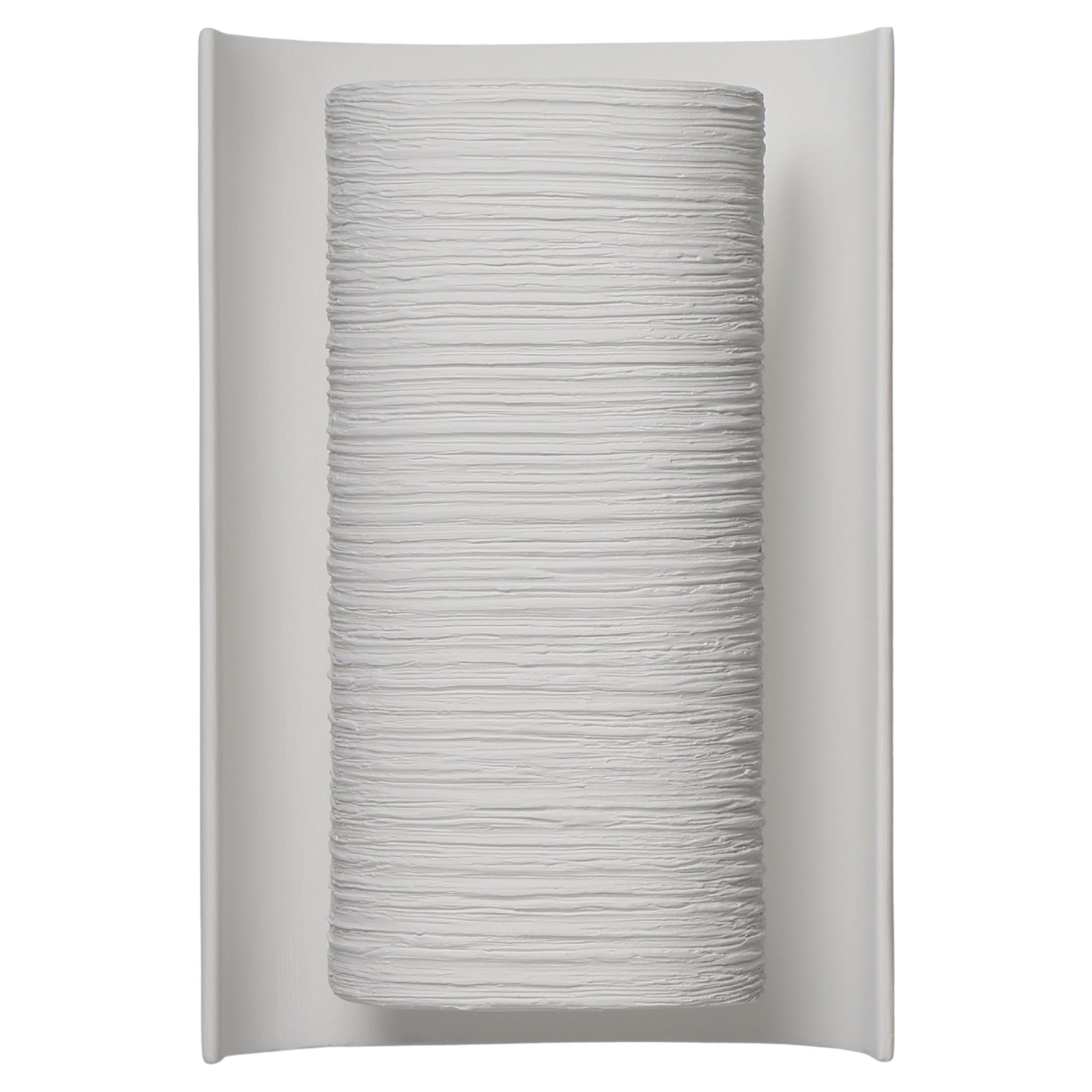 Contemporary “Galba III” Wall Sconce, White Plaster with Linear Relief Finish