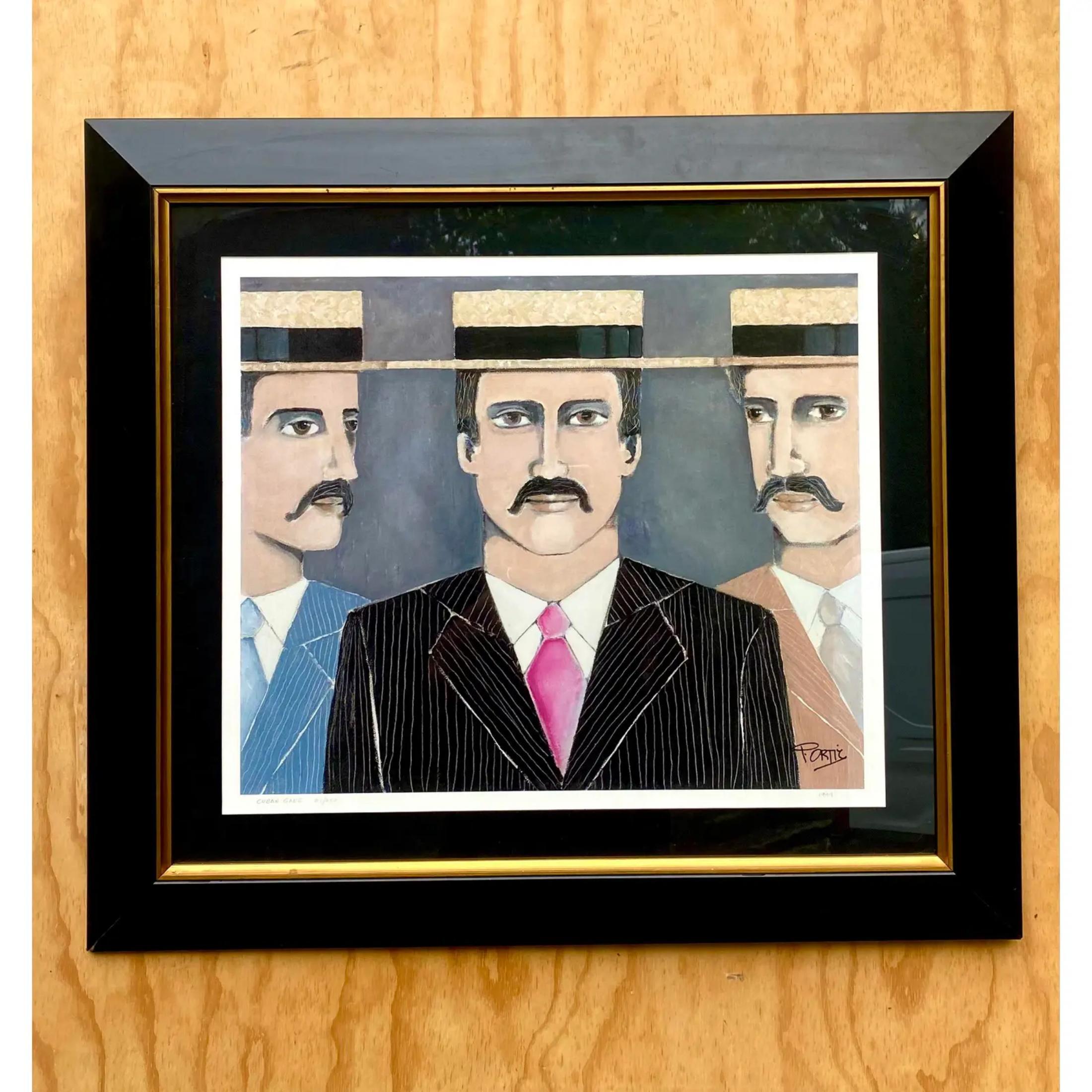 Fabulous vintage lithograph. Signed by the artist Pedro Ortiz. Three handsome gentlemen with mustaches. The title of the work is “Cuban Gang”. Acquired from a Oalm Beach estate