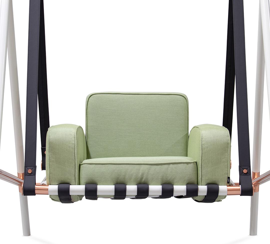 Portuguese Modern Swing in White with Stainless Steel Frame and Waterproof Green Fabric For Sale