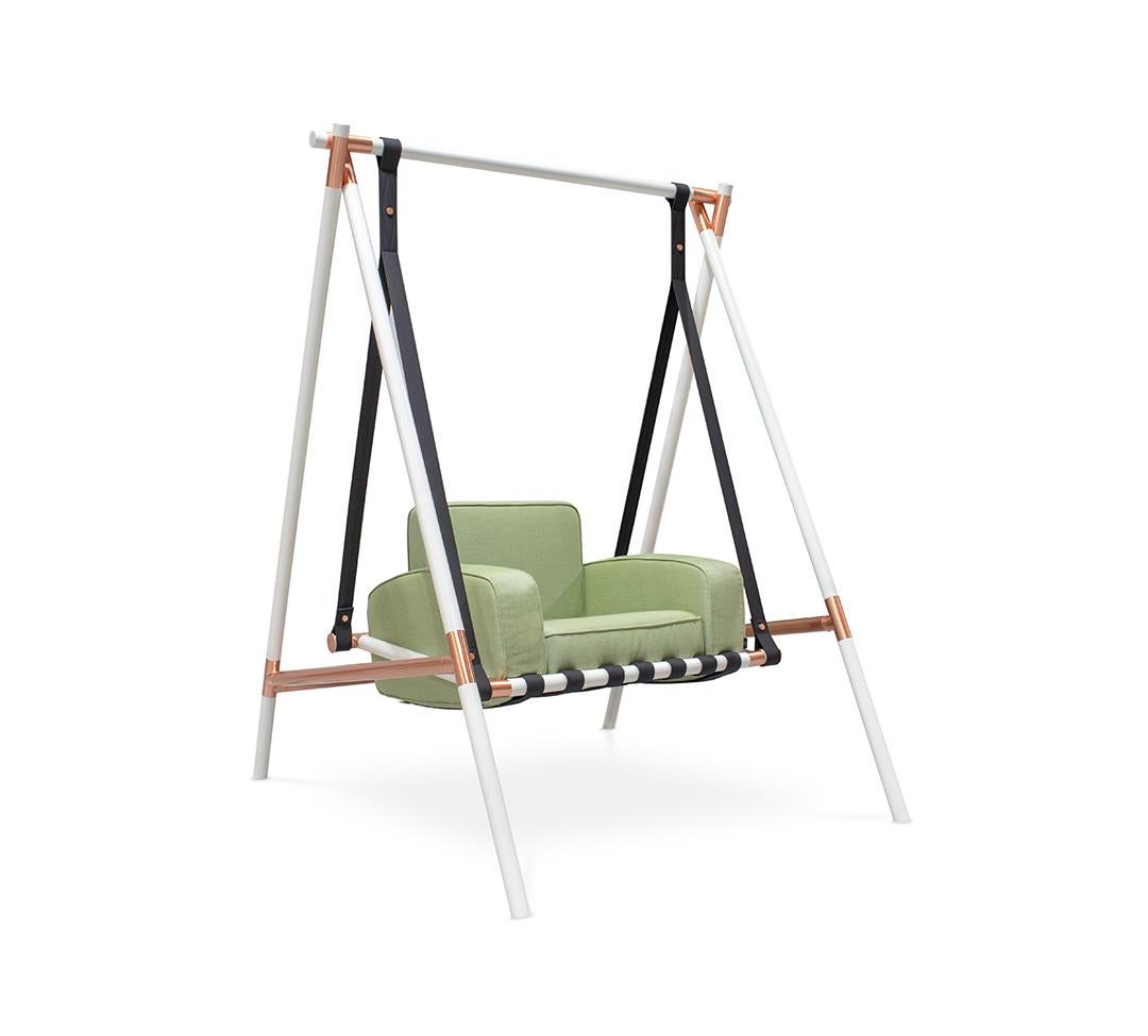 Contemporary Modern Swing in White with Stainless Steel Frame and Waterproof Green Fabric For Sale