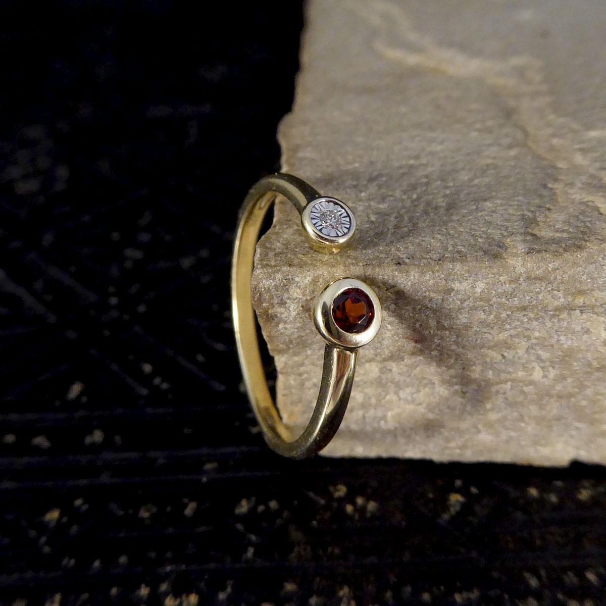 Contemporary Garnet and Diamond Illusion Set Torque Ring in 9ct Yellow Gold 1