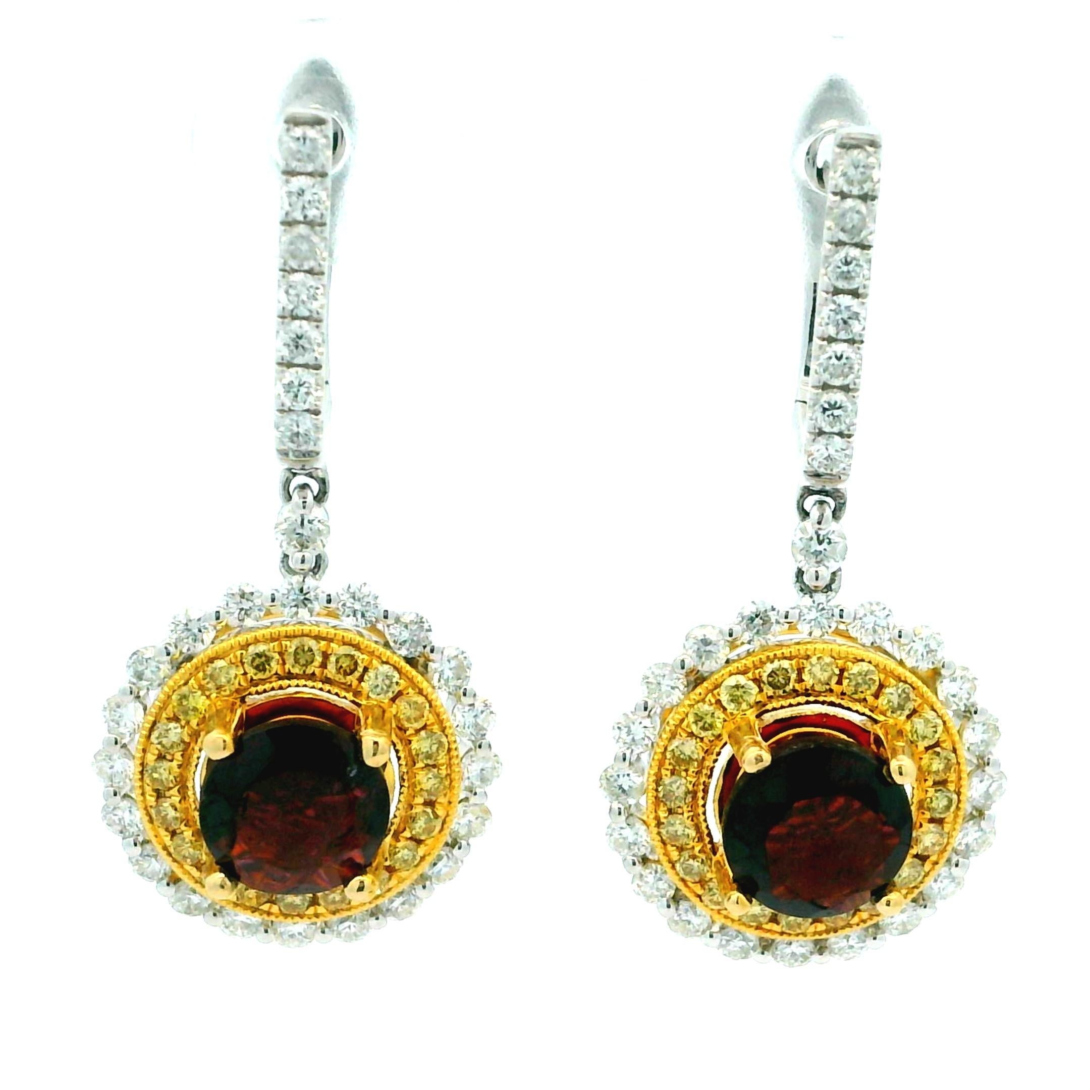 Zweifarbige Tropfenohrringe mit Granat und Diamant  14K Weiß- und Gelbgold im Angebot 3