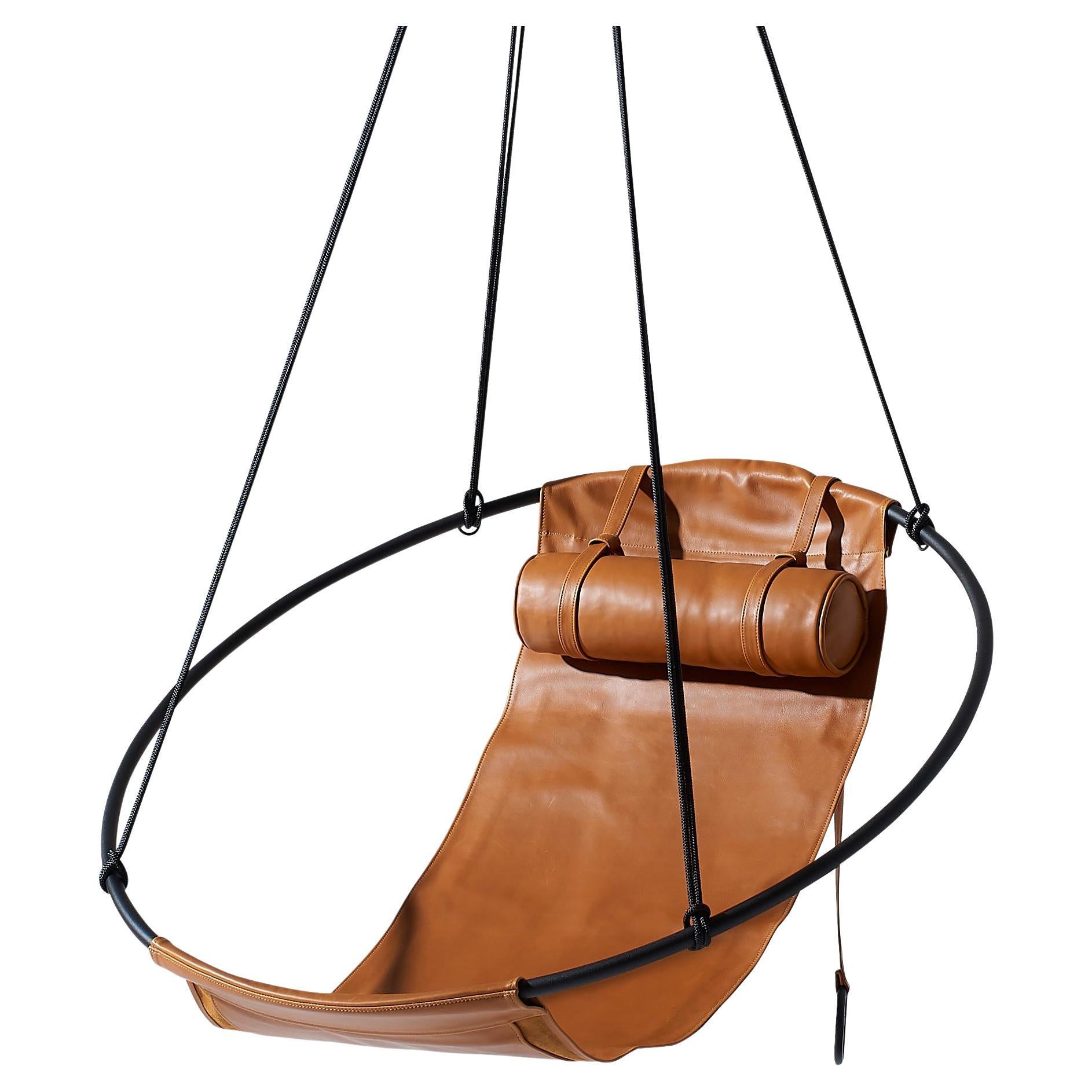 Contemporary Genuine-Leather & Mild Steel Hanging Sling Chair in Brown Ochre For Sale