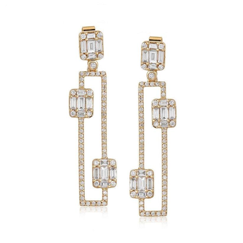 Baguette Cut Contemporary Geometric 14K Yellow Gold Diamond Drop Earrings For Sale