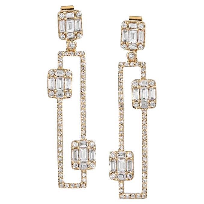 Contemporary Geometric 14K Yellow Gold Diamond Drop Earrings For Sale