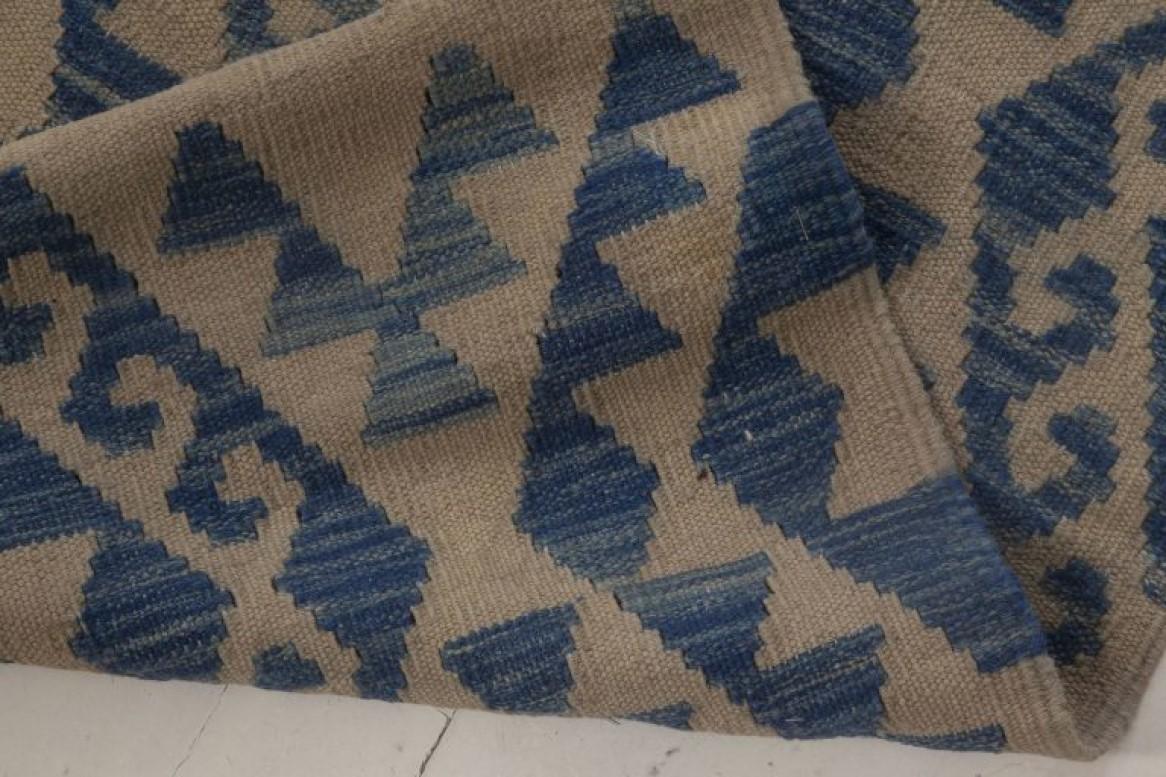 Modern Contemporary Geometric Blue and Beige Flat-Weave Wool Rug by Doris Leslie Blau For Sale