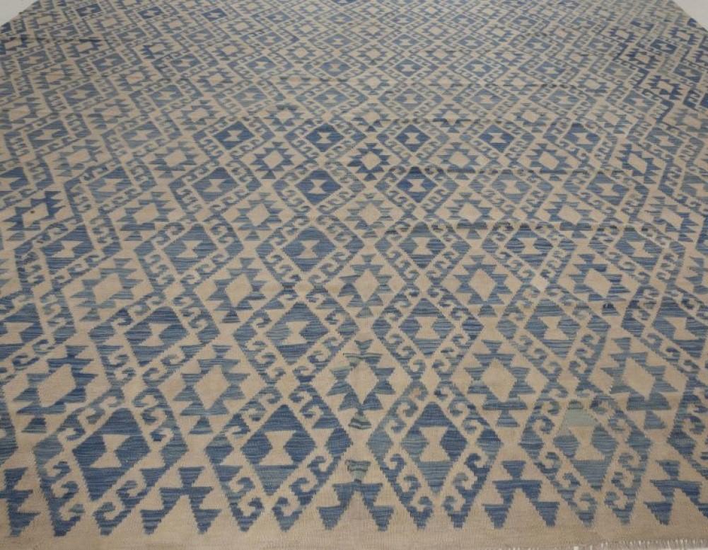 Hand-Woven Contemporary Geometric Blue and Beige Flat-Weave Wool Rug by Doris Leslie Blau For Sale