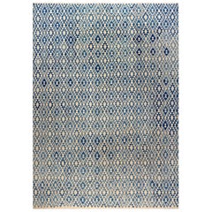 Contemporary Geometric Blue and Beige Flat-Weave Wool Rug by Doris Leslie Blau