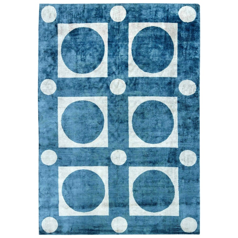 Contemporary Geometric Blue and White Handmade Silk Rug by Doris Leslie