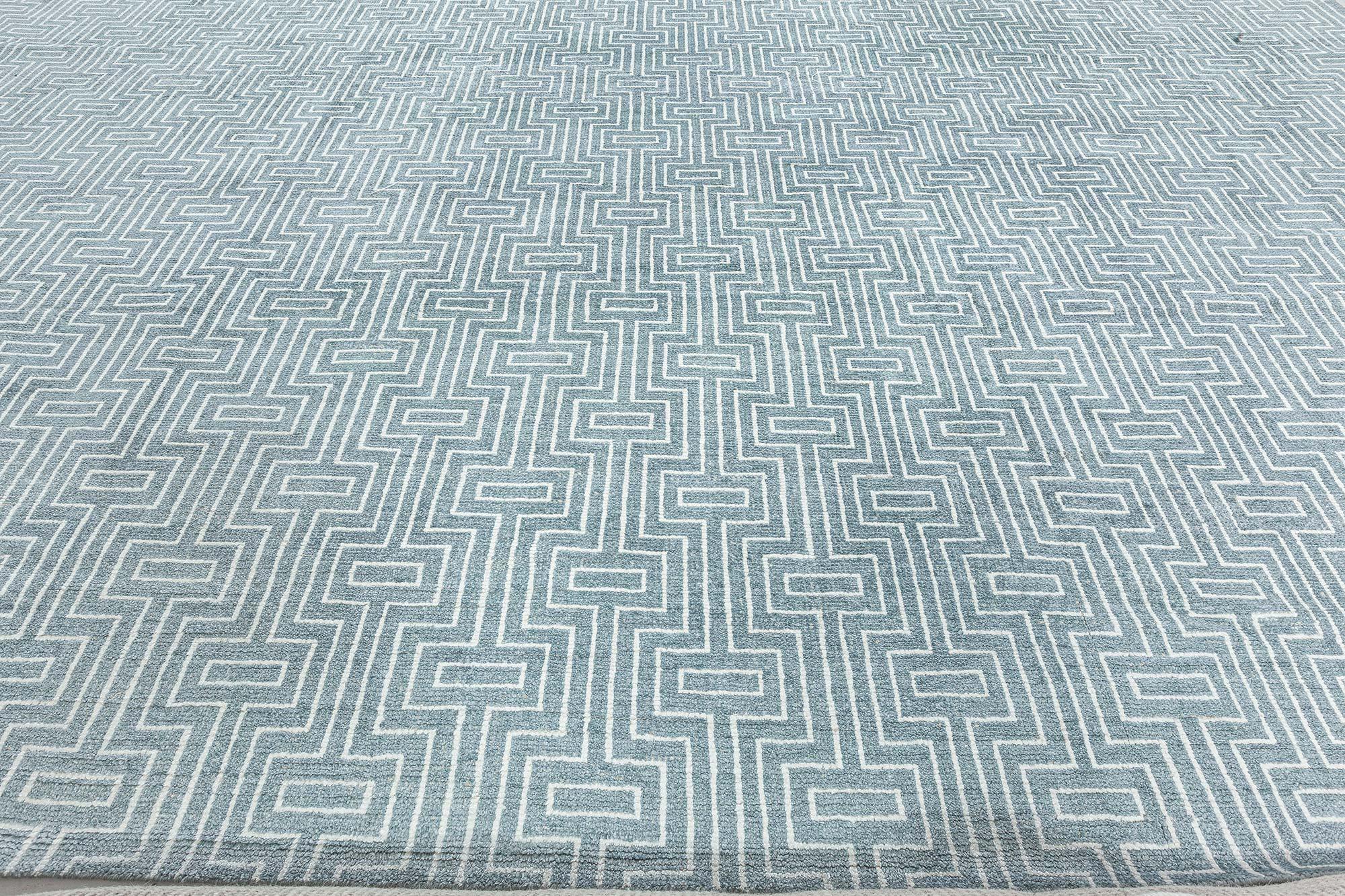 Hand-Knotted Contemporary Geometric Blue White Bamboo Silk Rug by Doris Leslie Blau For Sale