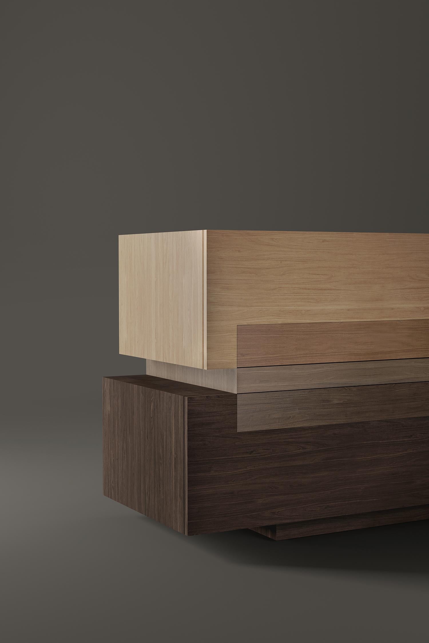 Modern Booleanos Commode 3 Drawers, Chest of Drawers in Warm Wood Veneer, Joel Escalona For Sale