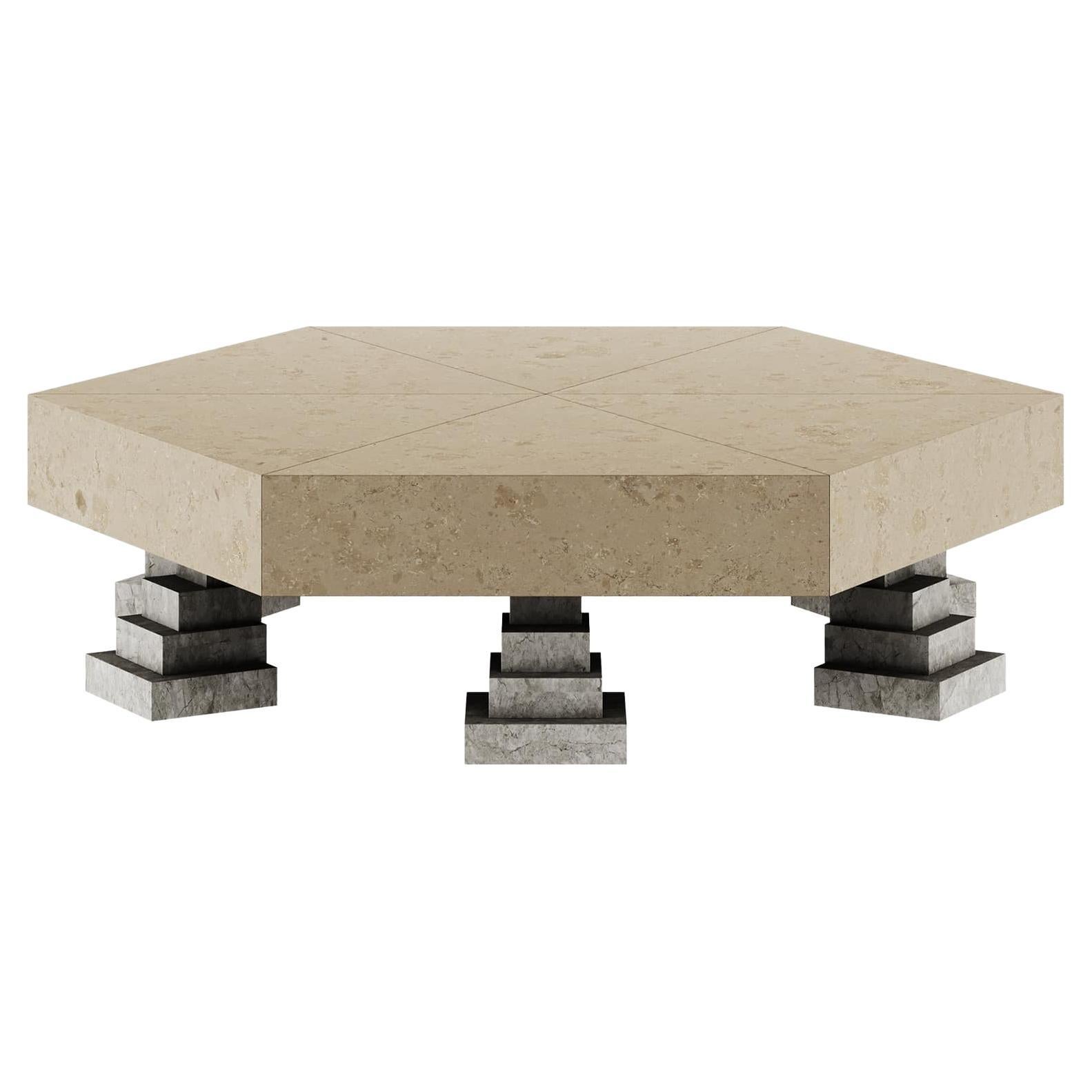 Contemporary Geometric Center Table in Grigio Tundra & Natural Beige Limestone For Sale